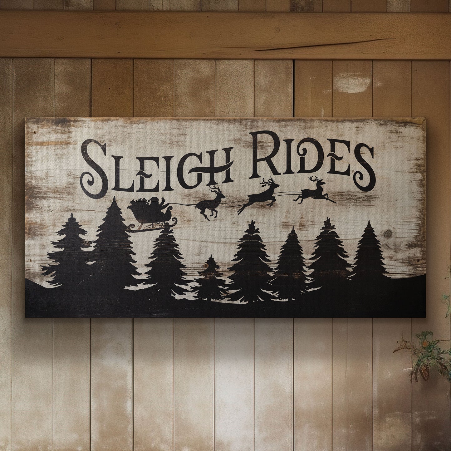 Sleigh Rides Sign  Old Fashioned Farmhouse Christmas Rustic Santa Christmas Wood Textured Canvas Print Decor Canvas Art
