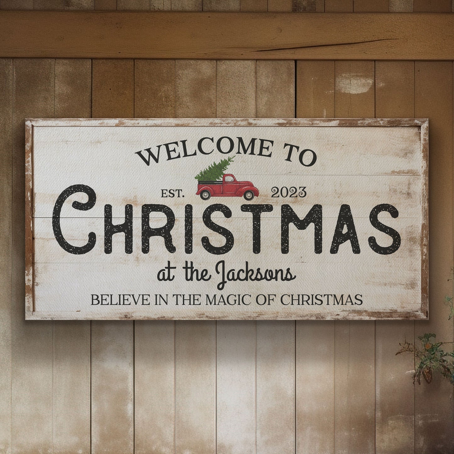 Welcome to Christmas At the Sign Custom Family Name Old Fashioned Farmhouse Christmas Personalised Rustic Santa Christmas Decor Canvas Art