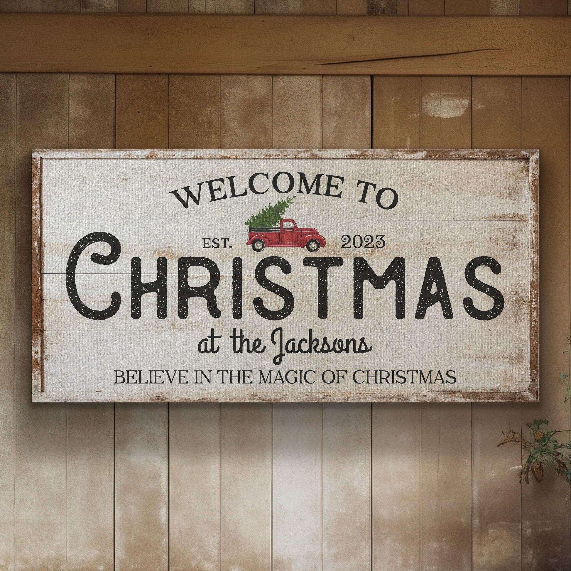 Welcome to Christmas At the Sign Custom Family Name Old Fashioned Farmhouse Christmas Personalised Rustic Santa Christmas Decor Canvas Art