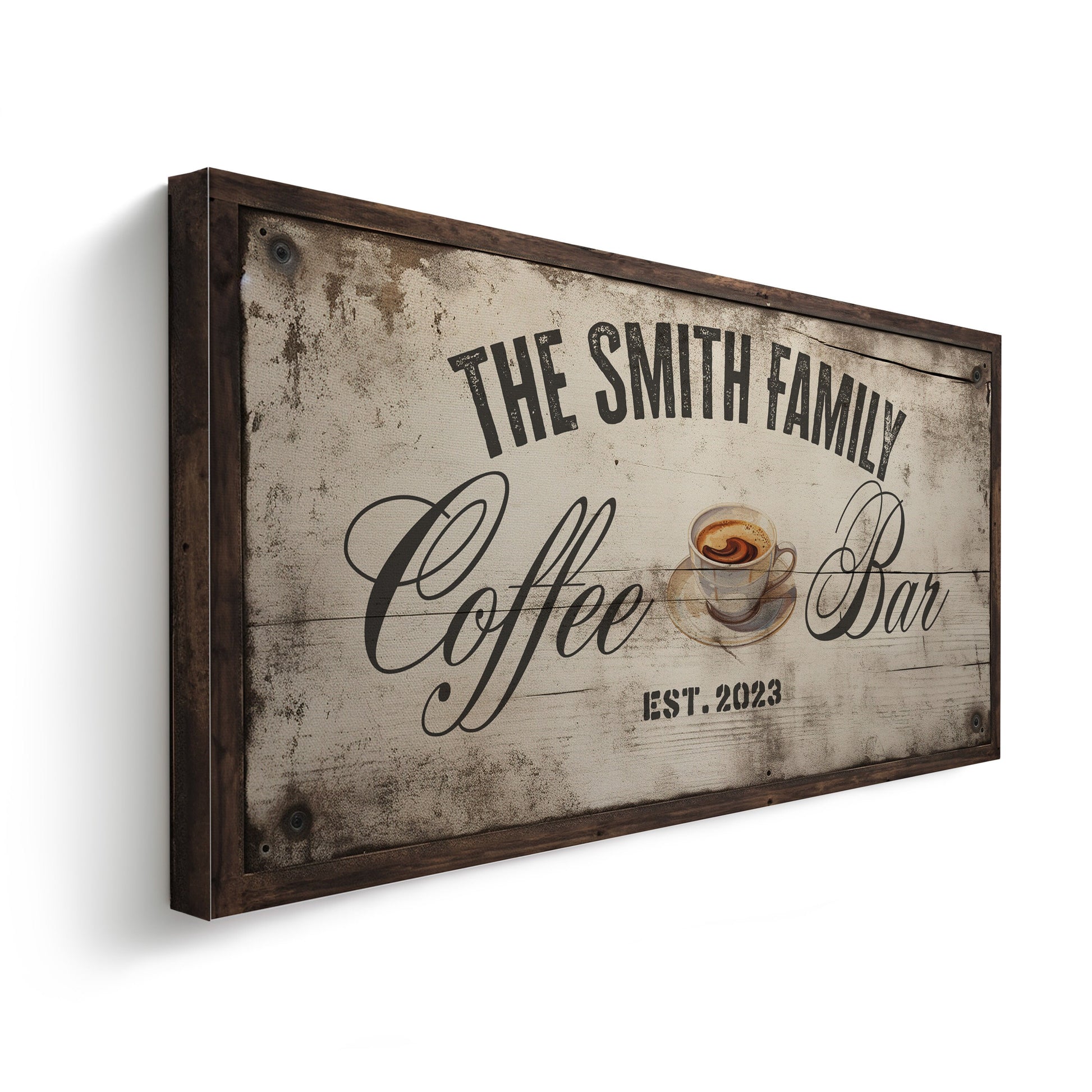 Rustic Coffee Bar Canvas Print: Personalized Family Name Sign