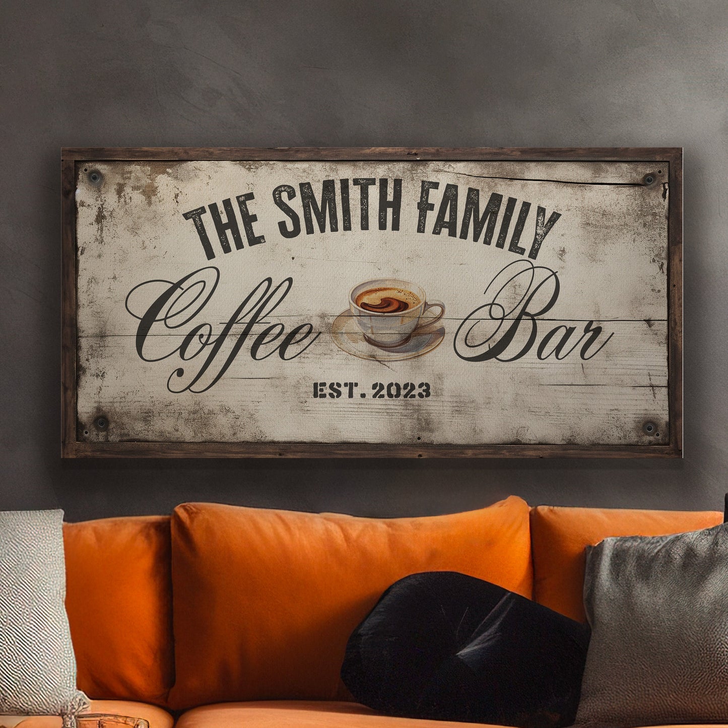 Rustic Coffee Bar Canvas Print: Personalized Family Name Sign