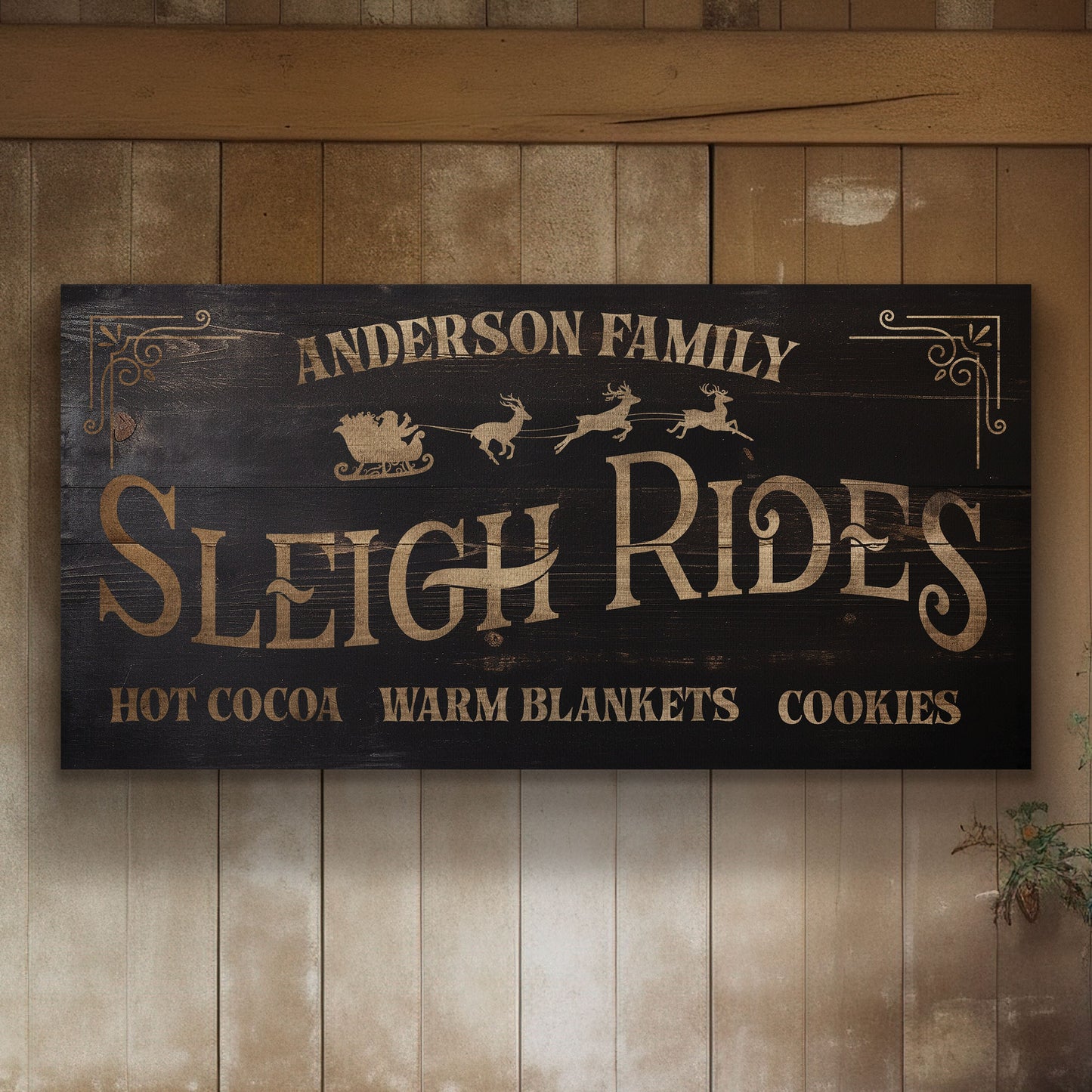 Sleigh Rides Sign Custom Family Name Old Fashioned Farmhouse Christmas Personalised Rustic Santa Christmas Decor Canvas Art