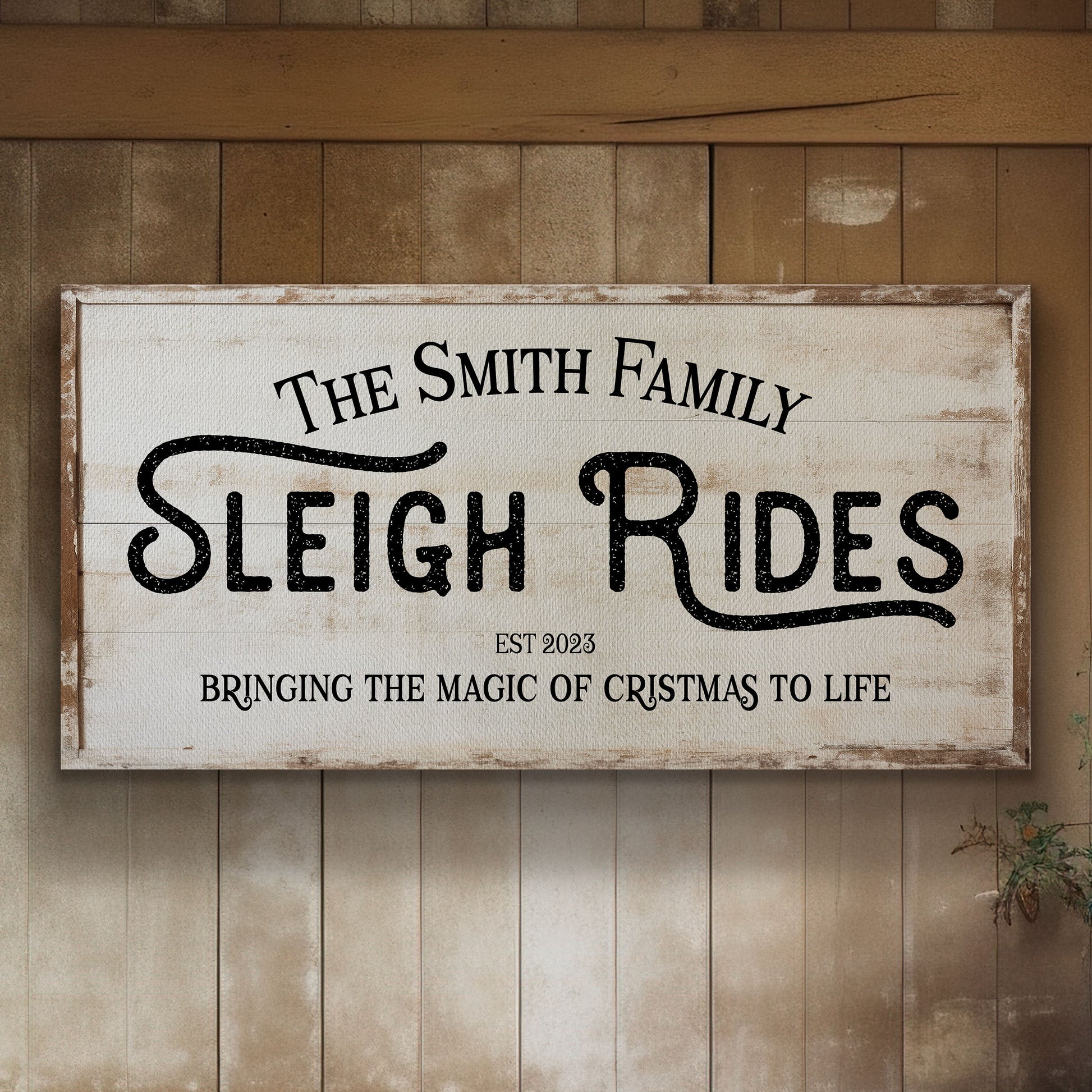 Sleigh Rides Sign Custom Family Name Old Fashioned Farmhouse Christmas Personalised Rustic Santa Christmas Decor Canvas Art