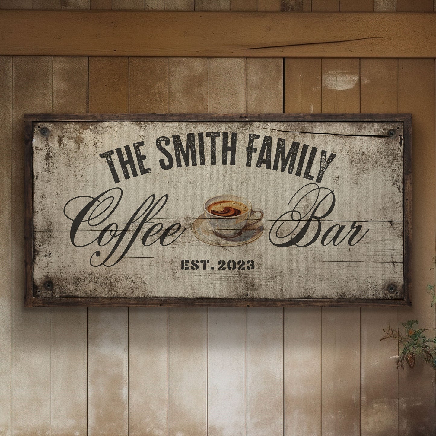 Rustic Coffee Bar Canvas Print: Personalized Family Name Sign
