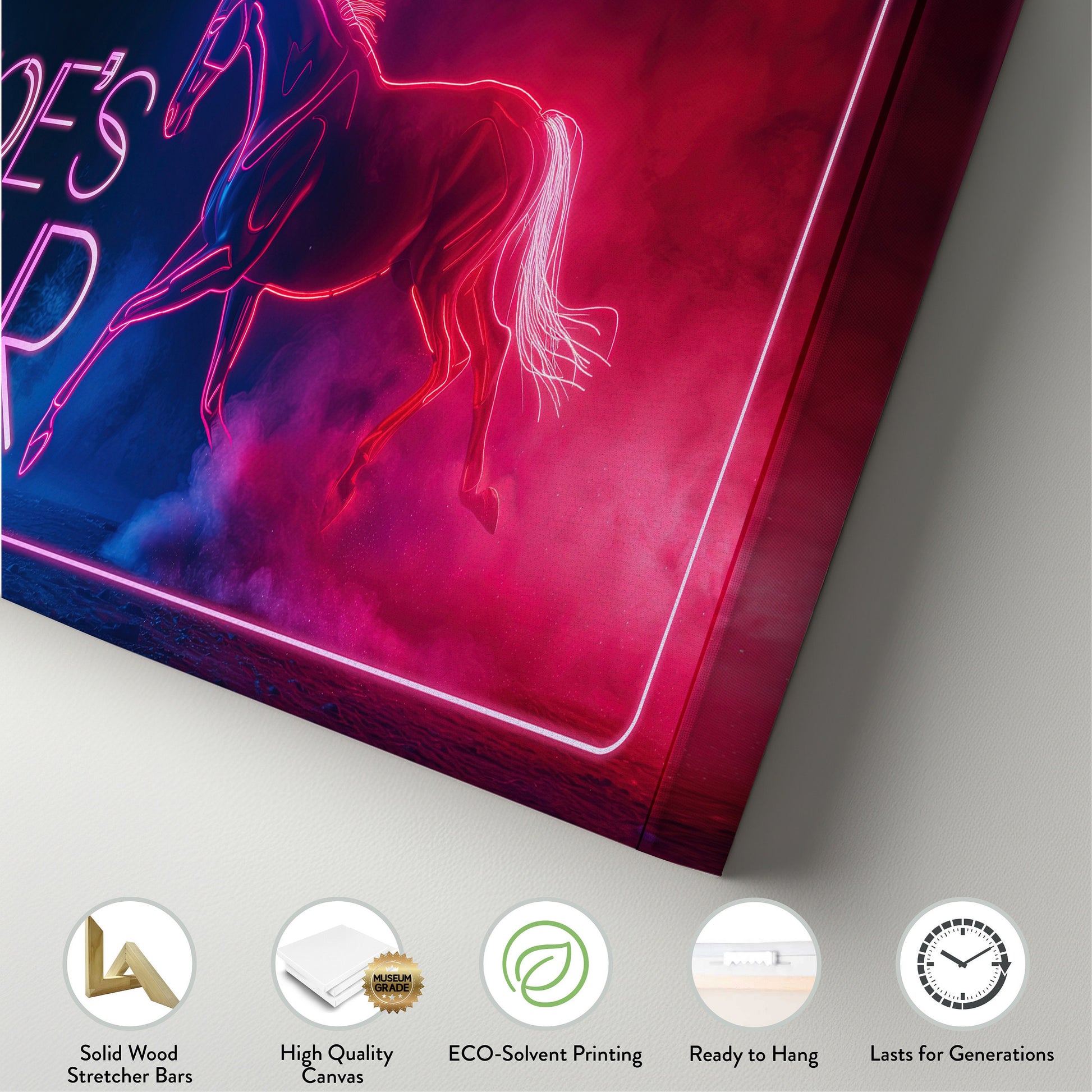 Custom Whiskey Bar Sign - Personalized Man Cave Canvas Art - Neon Horse Bar Decor with Custom Family Name - High Quality Canvas Print