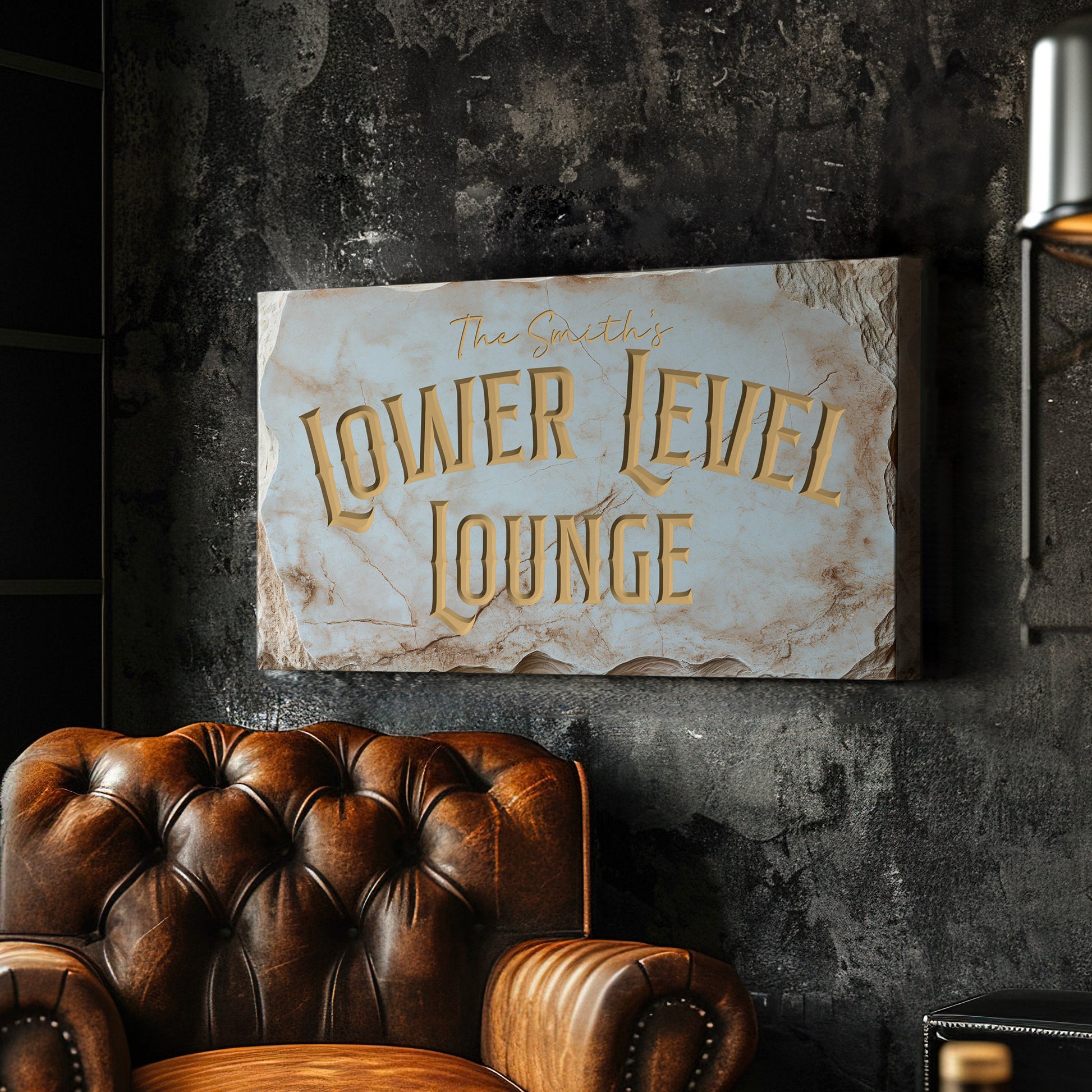 Custom Whiskey Bar Sign - Personalized Man Cave Marble Texture Lower Level Lounge Decor with Custom Family Name - High Quality Canvas Print