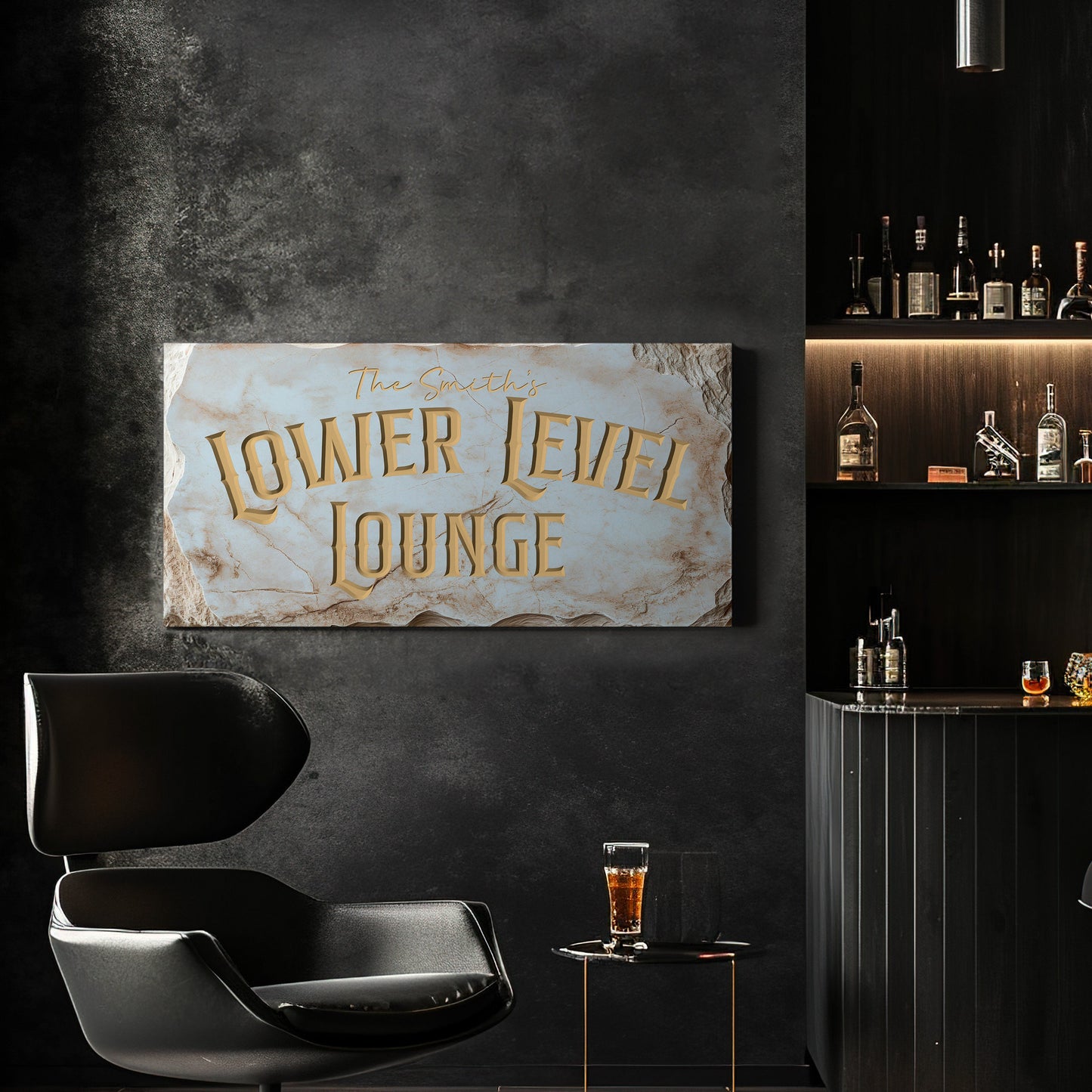 Custom Whiskey Bar Sign - Personalized Man Cave Marble Texture Lower Level Lounge Decor with Custom Family Name - High Quality Canvas Print