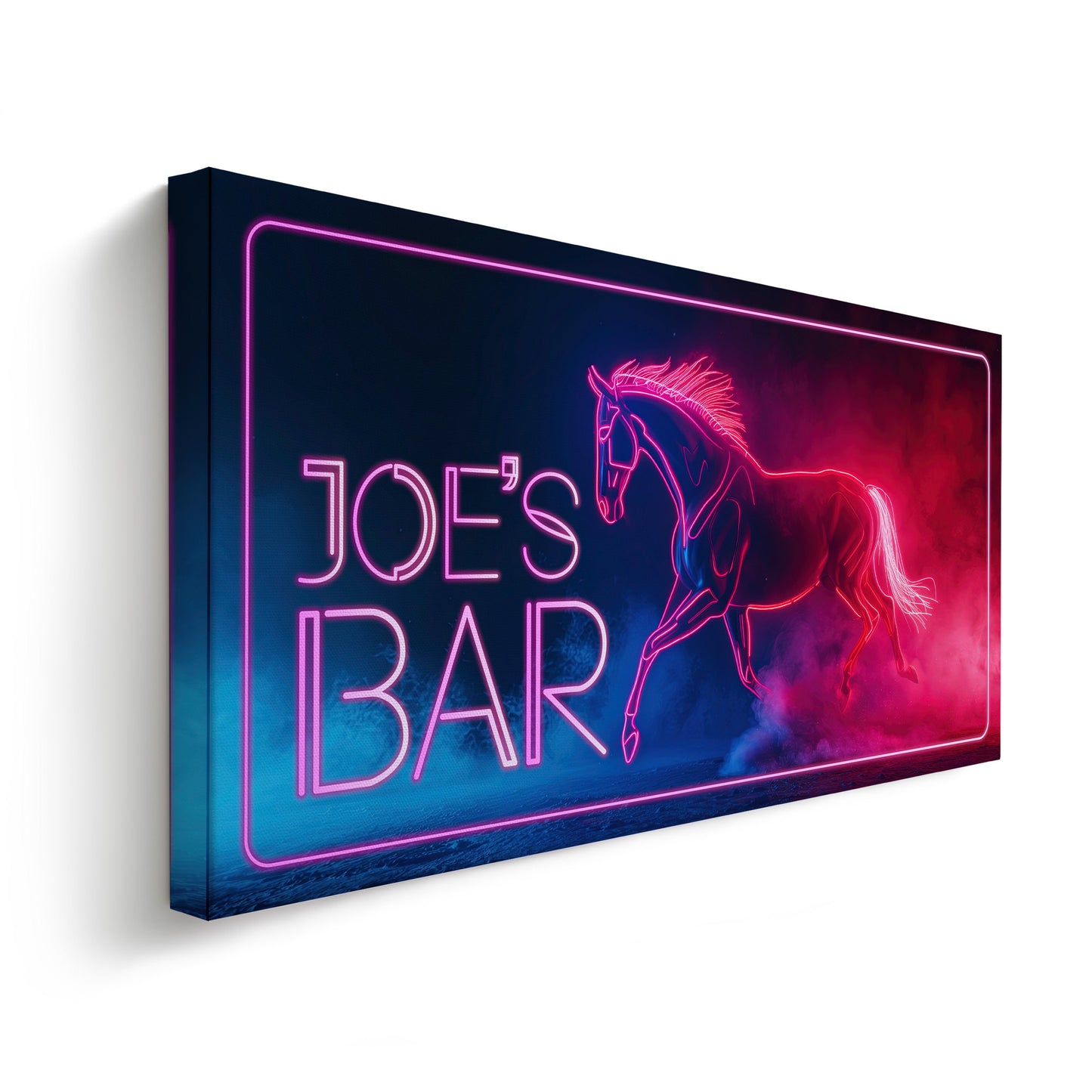 Custom Whiskey Bar Sign - Personalized Man Cave Canvas Art - Neon Horse Bar Decor with Custom Family Name - High Quality Canvas Print