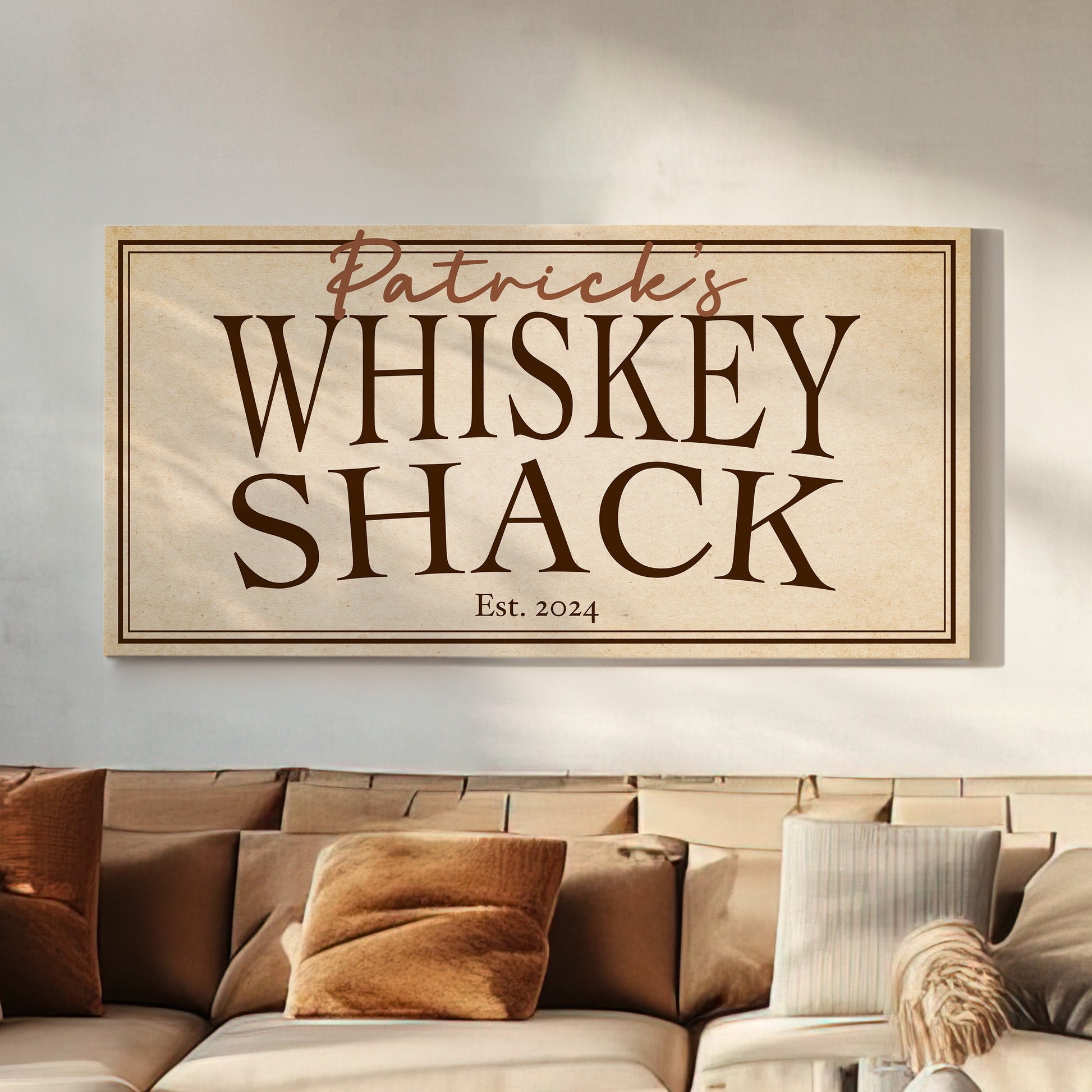 Custom Whiskey Bar Sign - Personalized Man Cave Canvas Art - Rustic Whiskey Shack Decor with Custom Family Name - High Quality Canvas Print