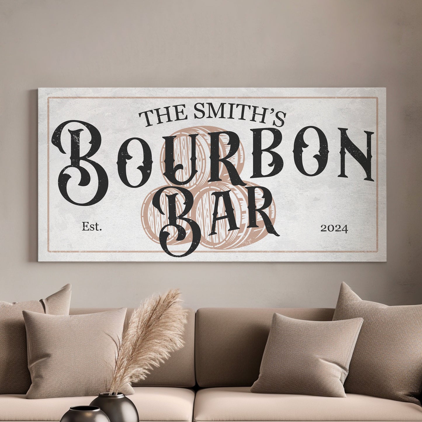 Custom Bourbon Bar Sign - Personalized Man Cave Canvas Art - Whiskey Bar Rustic Decor with Custom Family Name - High Quality Canvas Print