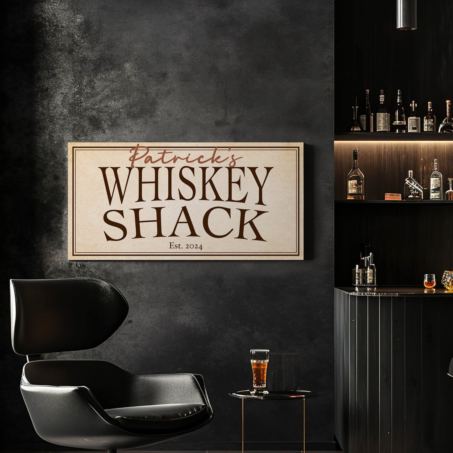 Custom Whiskey Bar Sign - Personalized Man Cave Canvas Art - Rustic Whiskey Shack Decor with Custom Family Name - High Quality Canvas Print