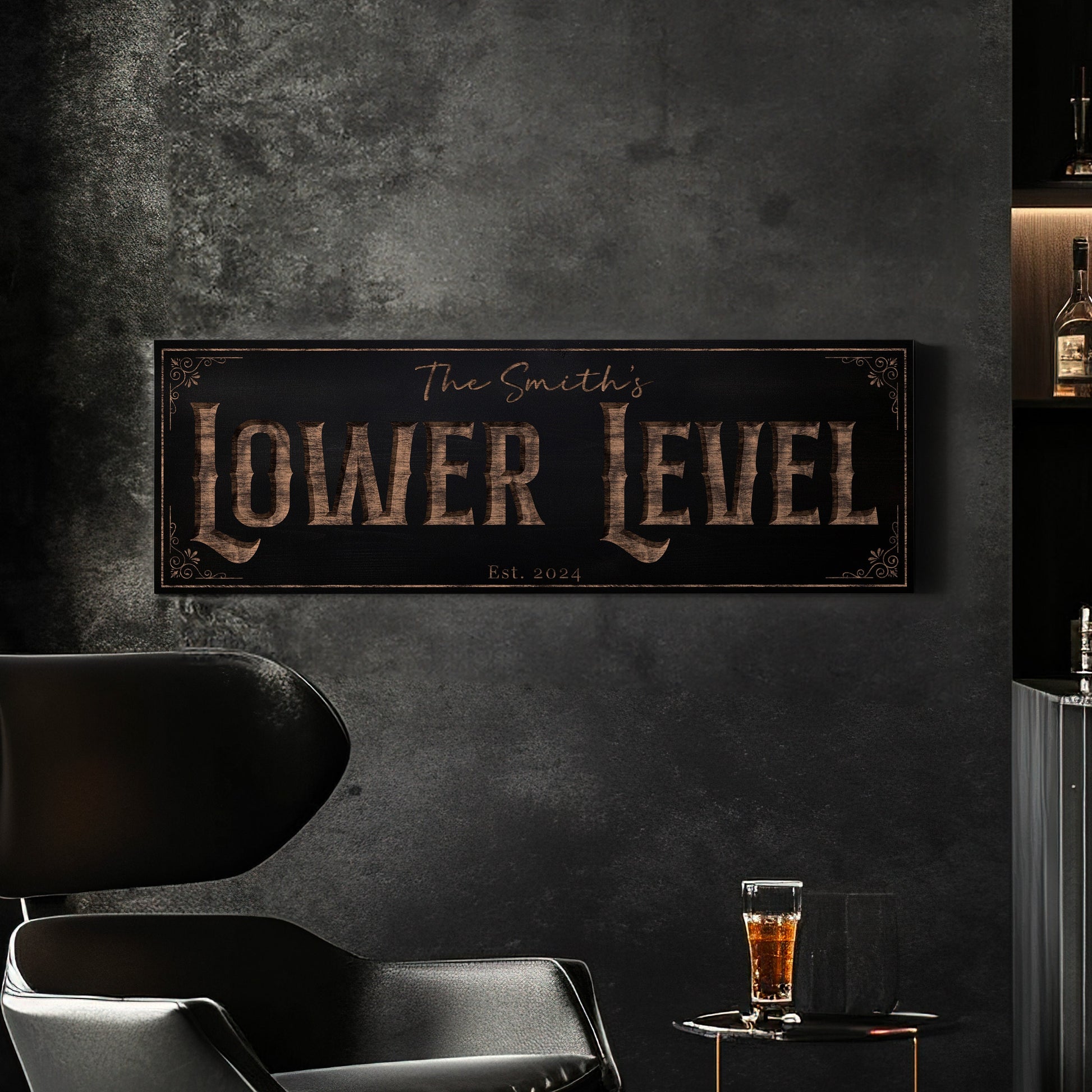 Custom Whiskey Bar Sign - Personalized Man Cave Canvas Art - Lower Level Rustic Decor with Custom Family Name - High Quality Canvas Print