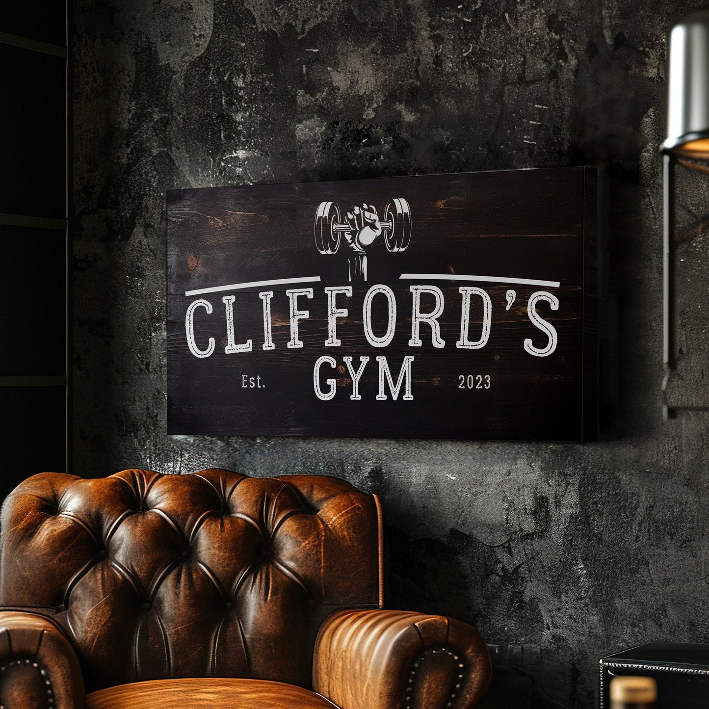 Custom Home Gym Sign, Man cave Sign Personalized Fitness Gifts, Dark Wood Theme Fitness Center Decor Gym Logo Art Huge Canvas Wall Art