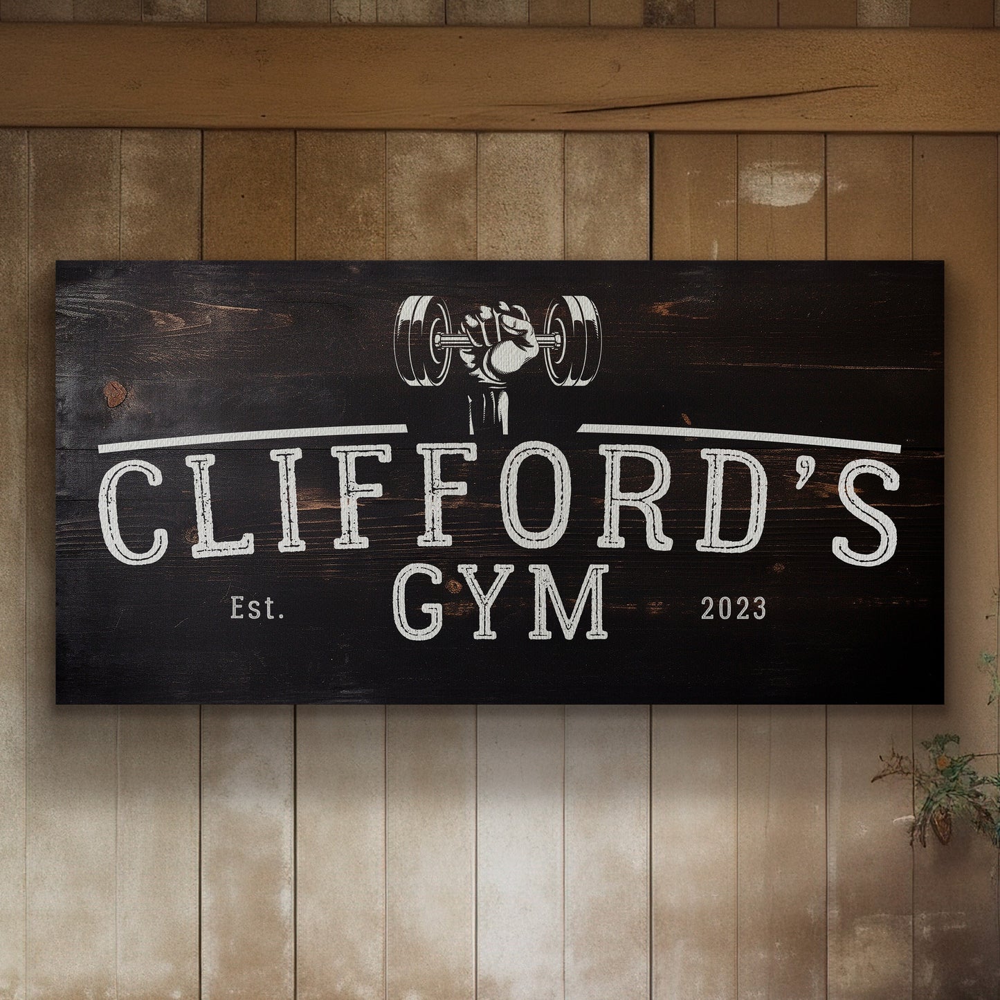 Custom Home Gym Sign, Man cave Sign Personalized Fitness Gifts, Dark Wood Theme Fitness Center Decor Gym Logo Art Huge Canvas Wall Art