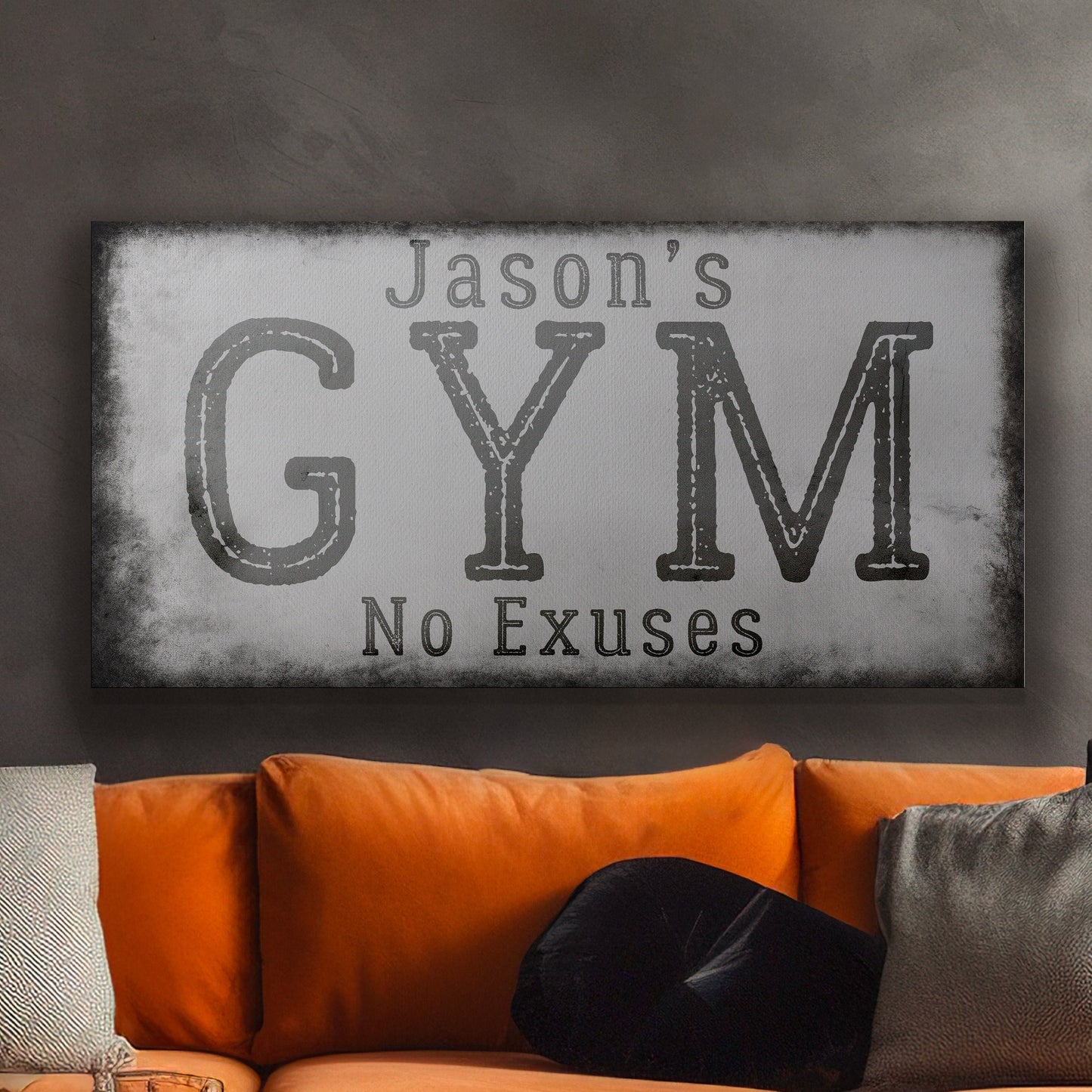 Custom Home Gym Sign, Man cave Sign Personalized Fitness Gifts, Rustic Concrete Fitness Center Decor Gym Logo Art Huge Canvas Wall Art