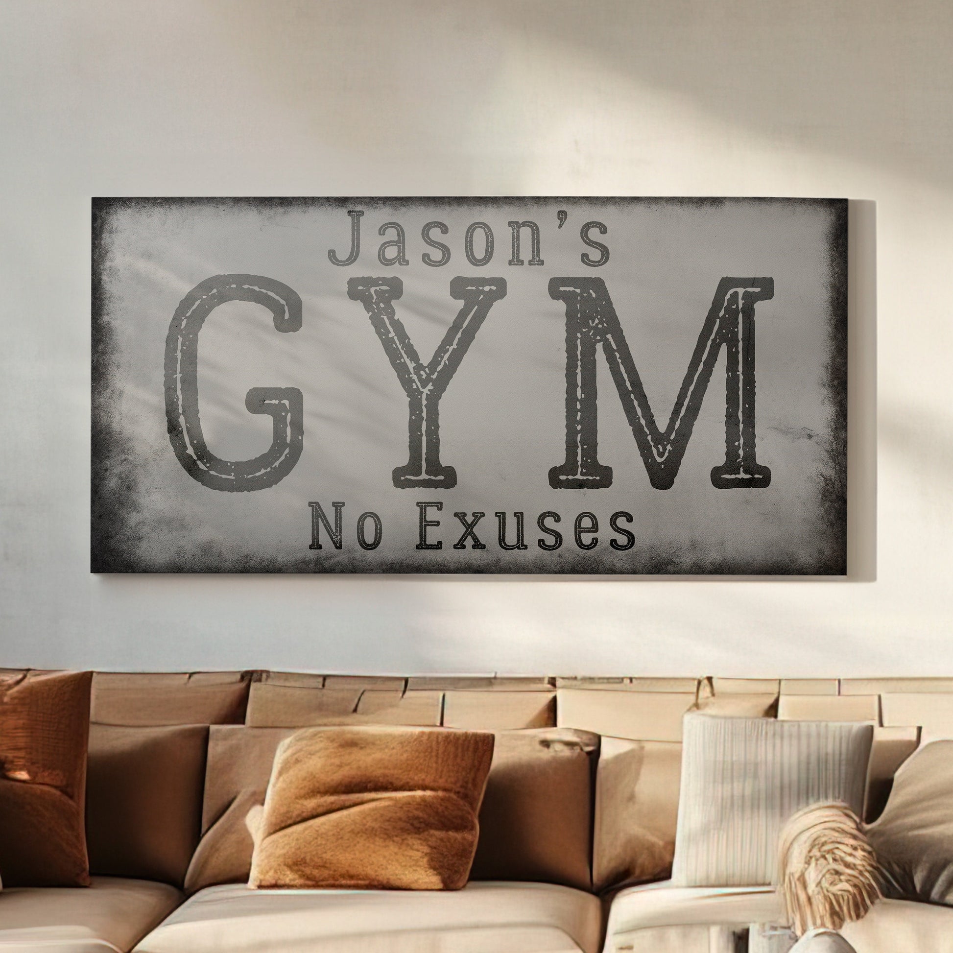 Custom Home Gym Sign, Man cave Sign Personalized Fitness Gifts, Rustic Concrete Fitness Center Decor Gym Logo Art Huge Canvas Wall Art