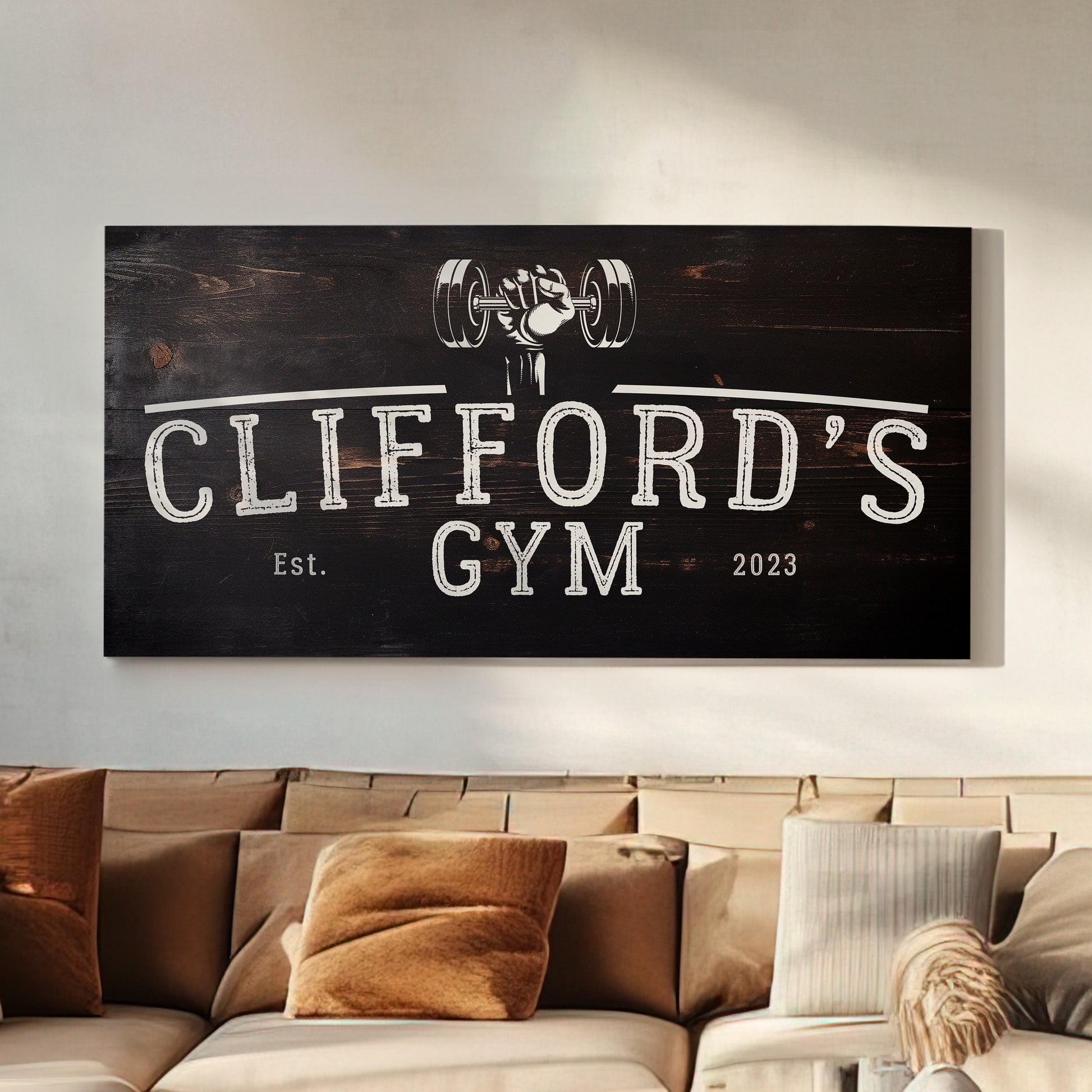 Custom Home Gym Sign, Man cave Sign Personalized Fitness Gifts, Dark Wood Theme Fitness Center Decor Gym Logo Art Huge Canvas Wall Art