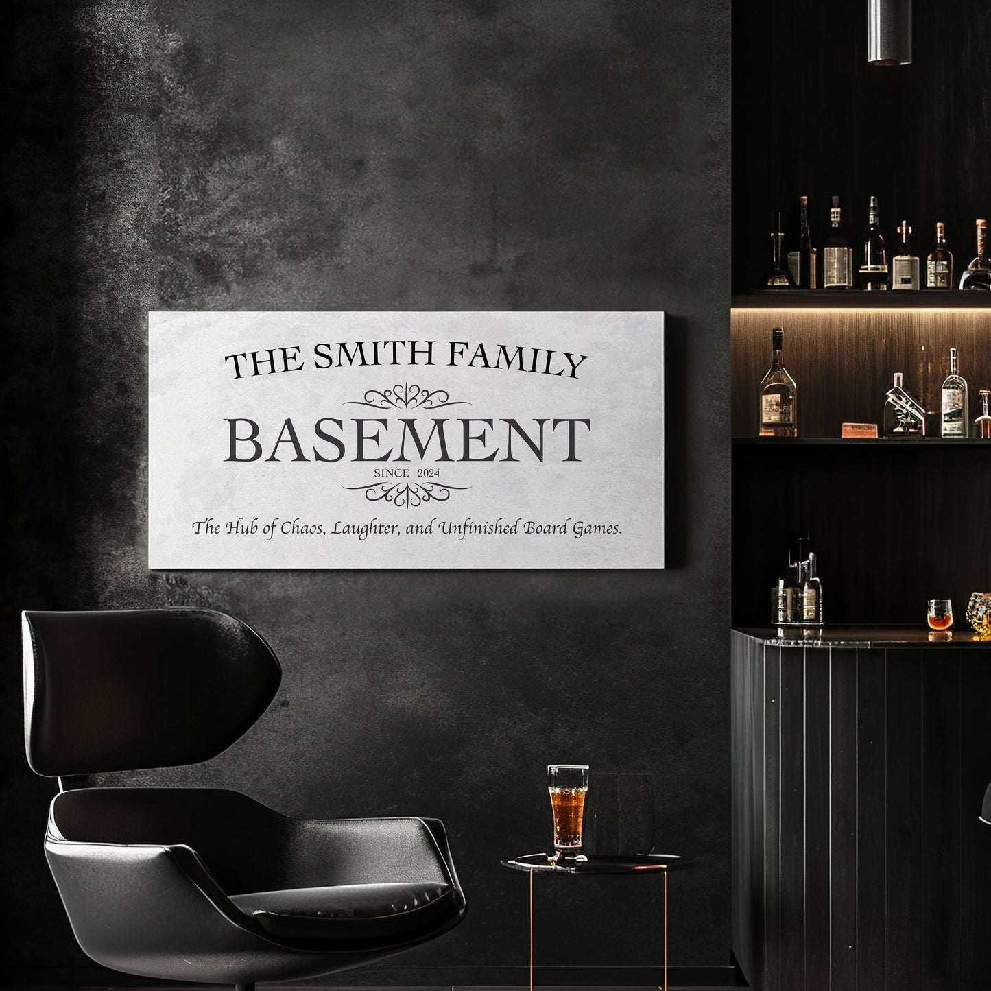 Custom Whiskey Bar Sign - Personalized Man Cave Canvas Art - Rustic Basement Decor with Custom Family Name - High Quality Canvas Print