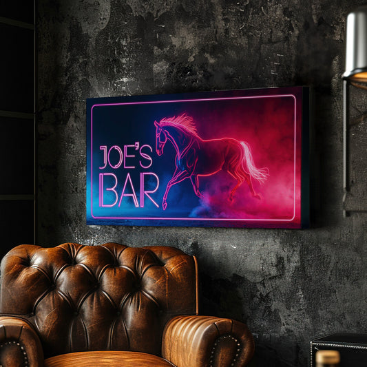 Custom Whiskey Bar Sign - Personalized Man Cave Canvas Art - Neon Horse Bar Decor with Custom Family Name - High Quality Canvas Print
