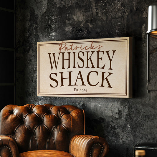 Custom Whiskey Bar Sign - Personalized Man Cave Canvas Art - Rustic Whiskey Shack Decor with Custom Family Name - High Quality Canvas Print