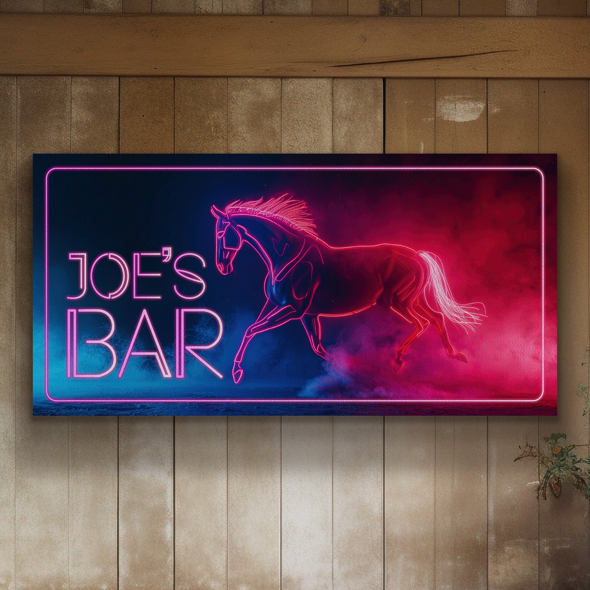 Custom Whiskey Bar Sign - Personalized Man Cave Canvas Art - Neon Horse Bar Decor with Custom Family Name - High Quality Canvas Print