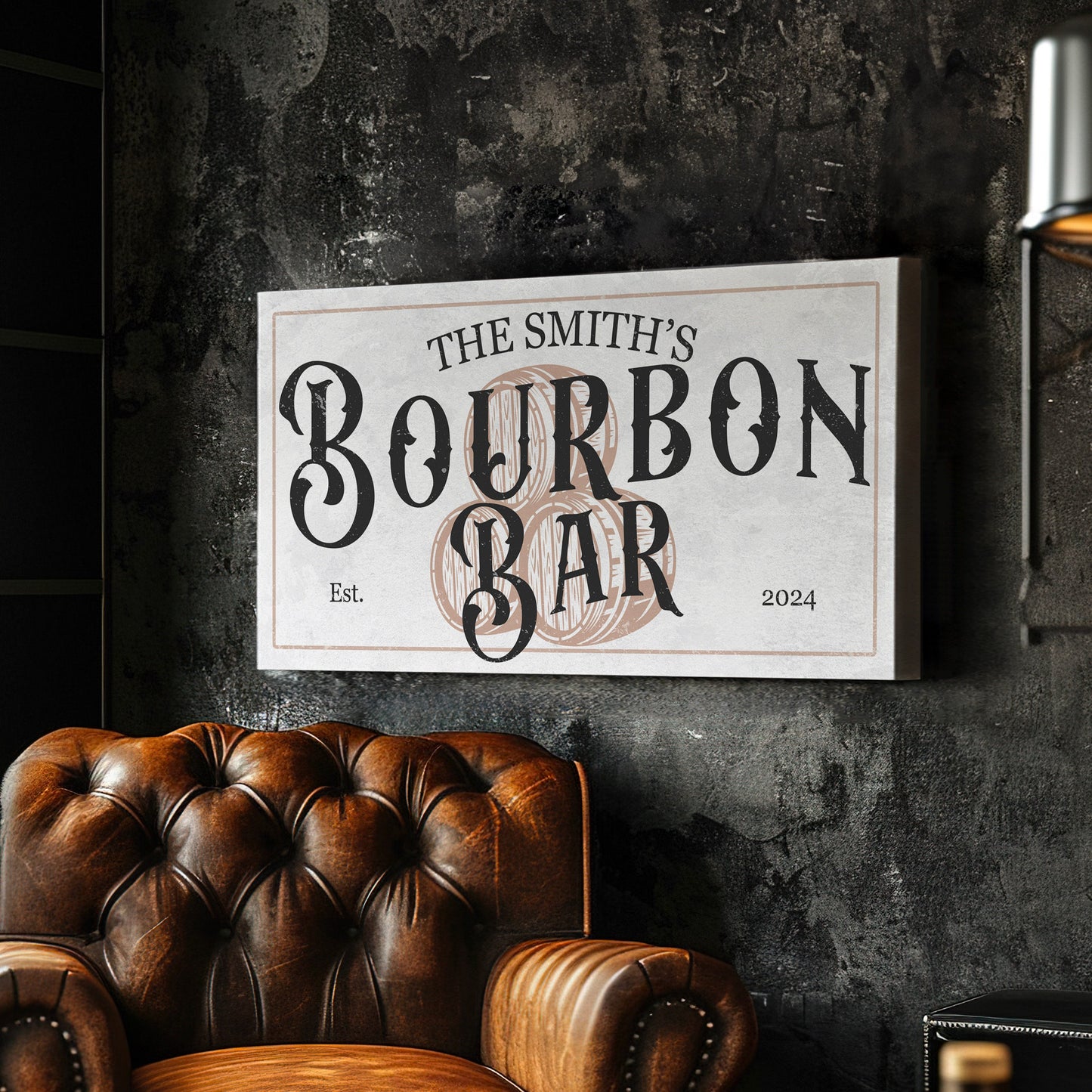 Custom Bourbon Bar Sign - Personalized Man Cave Canvas Art - Whiskey Bar Rustic Decor with Custom Family Name - High Quality Canvas Print