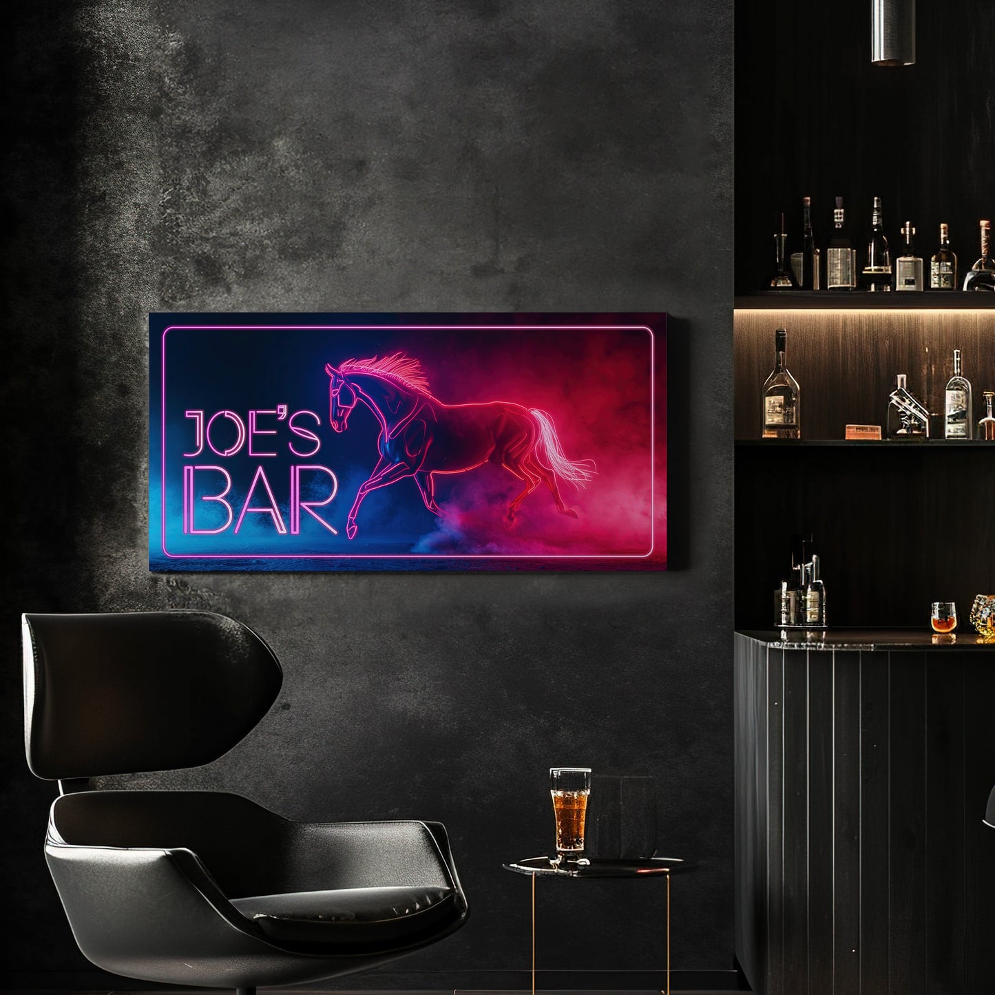 Custom Whiskey Bar Sign - Personalized Man Cave Canvas Art - Neon Horse Bar Decor with Custom Family Name - High Quality Canvas Print