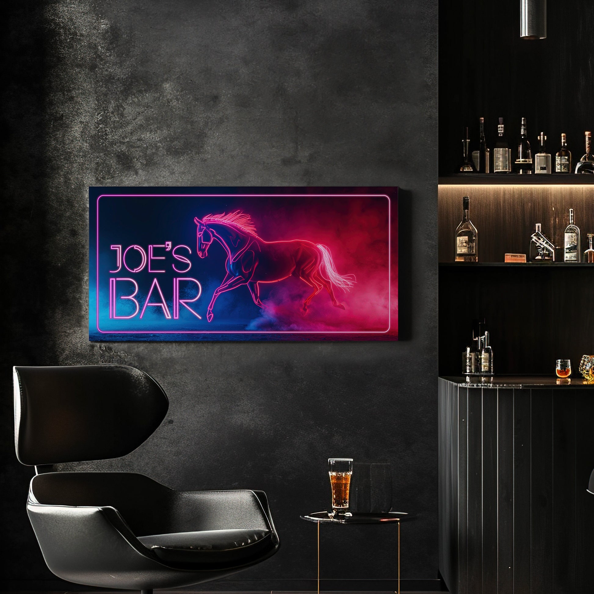 Custom Whiskey Bar Sign - Personalized Man Cave Canvas Art - Neon Horse Bar Decor with Custom Family Name - High Quality Canvas Print