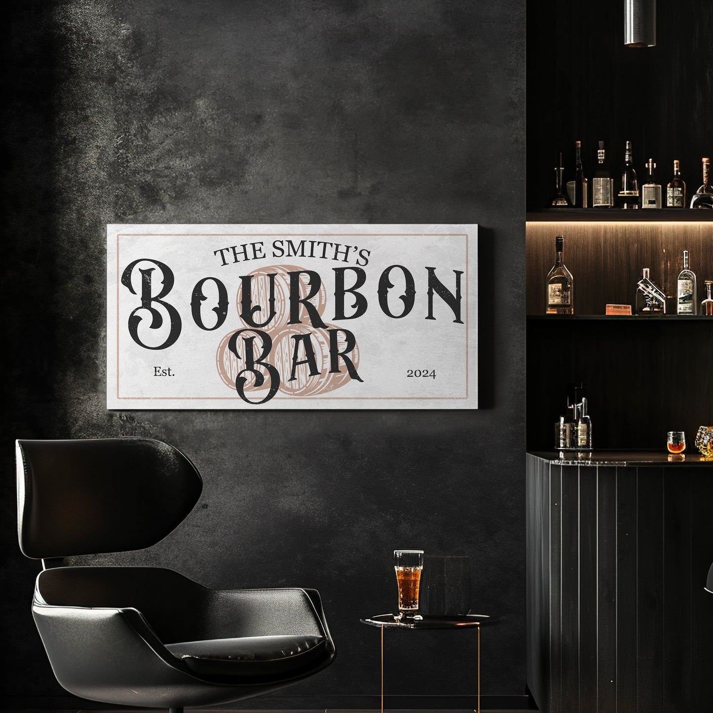 Custom Bourbon Bar Sign - Personalized Man Cave Canvas Art - Whiskey Bar Rustic Decor with Custom Family Name - High Quality Canvas Print