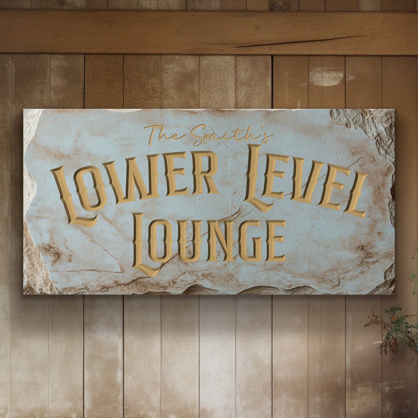 Custom Whiskey Bar Sign - Personalized Man Cave Marble Texture Lower Level Lounge Decor with Custom Family Name - High Quality Canvas Print