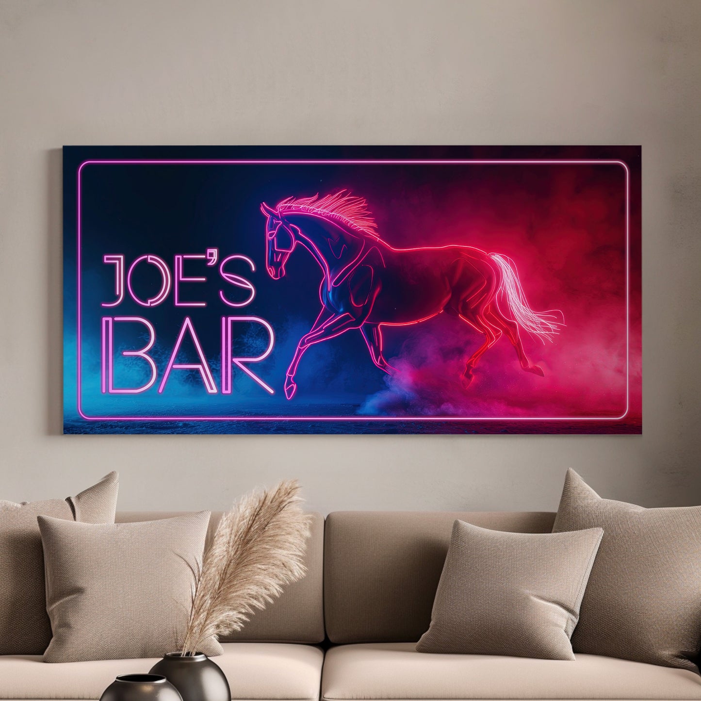 Custom Whiskey Bar Sign - Personalized Man Cave Canvas Art - Neon Horse Bar Decor with Custom Family Name - High Quality Canvas Print