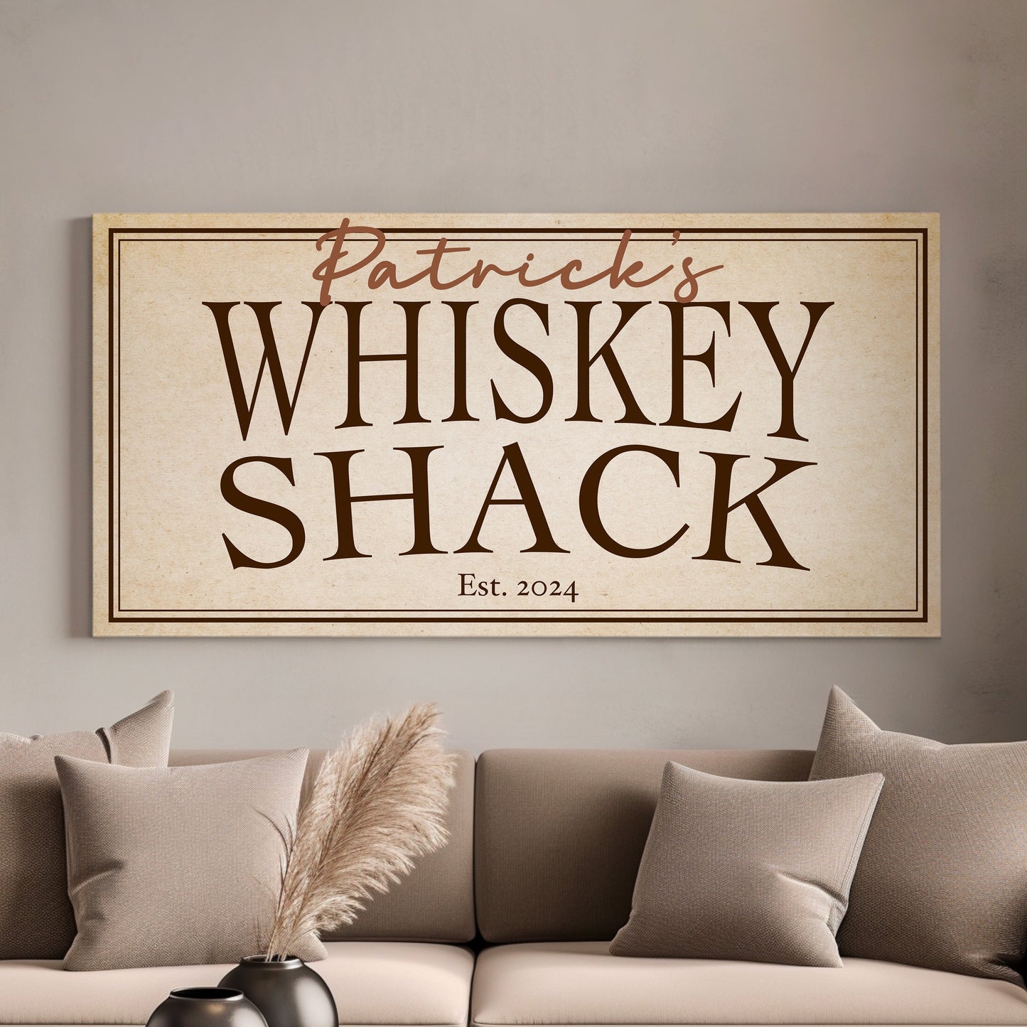 Custom Whiskey Bar Sign - Personalized Man Cave Canvas Art - Rustic Whiskey Shack Decor with Custom Family Name - High Quality Canvas Print