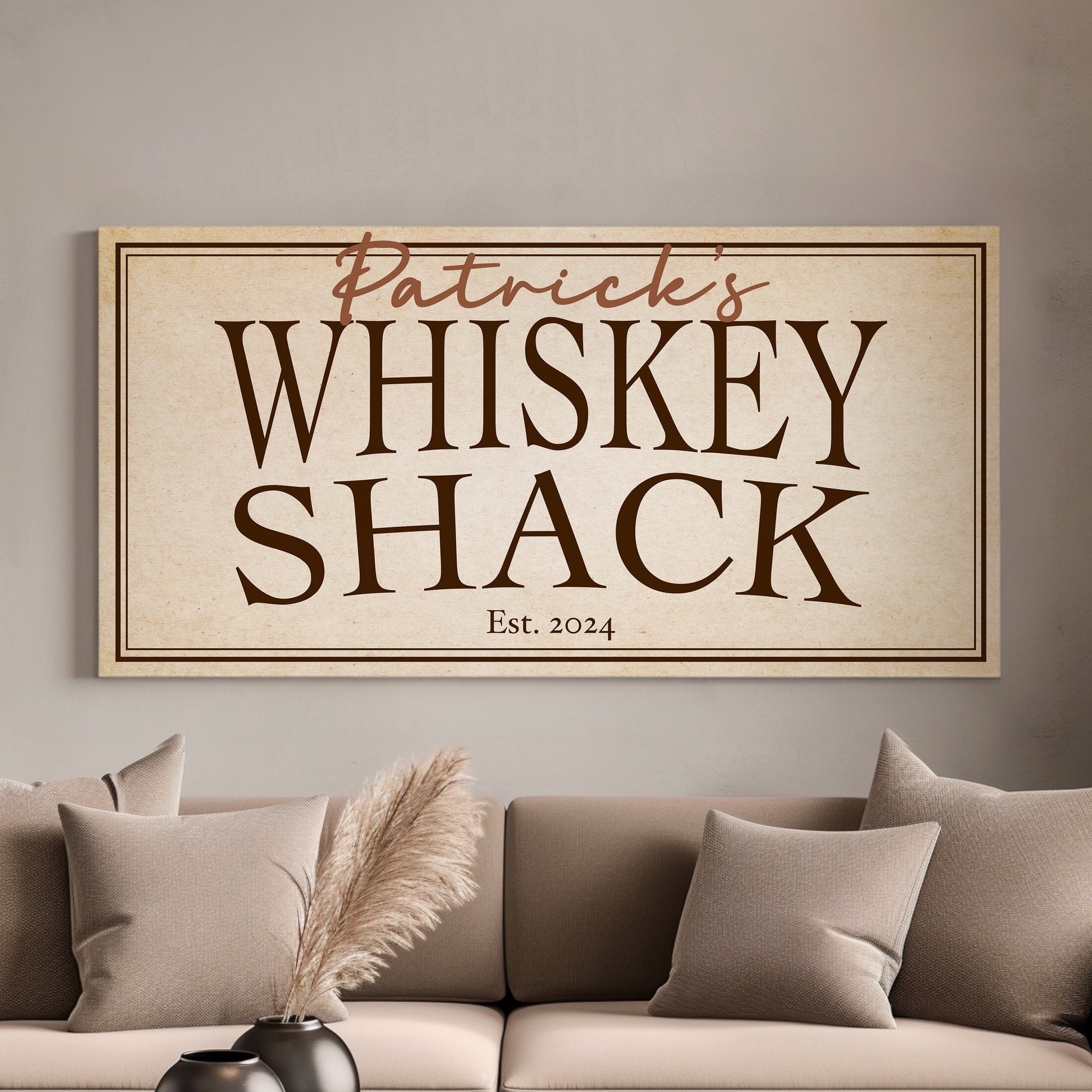 Custom Whiskey Bar Sign - Personalized Man Cave Canvas Art - Rustic Whiskey Shack Decor with Custom Family Name - High Quality Canvas Print