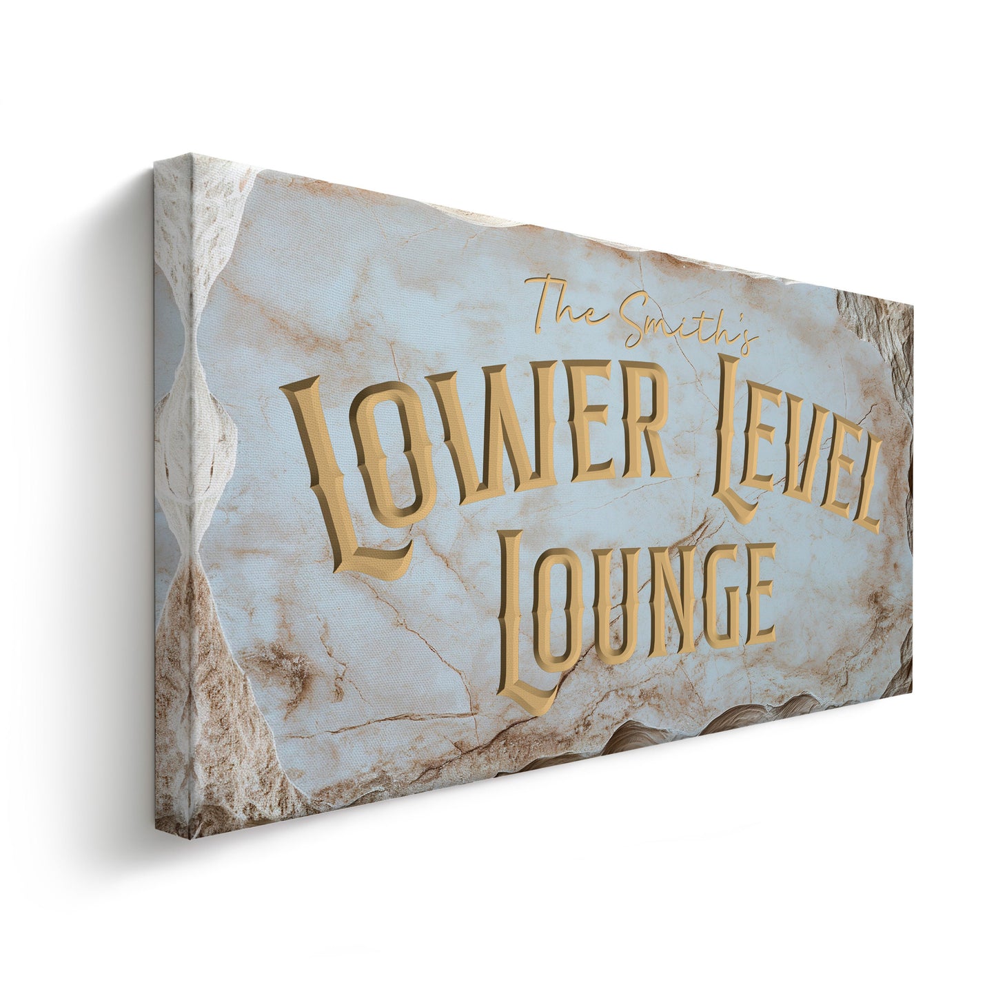 Custom Whiskey Bar Sign - Personalized Man Cave Marble Texture Lower Level Lounge Decor with Custom Family Name - High Quality Canvas Print