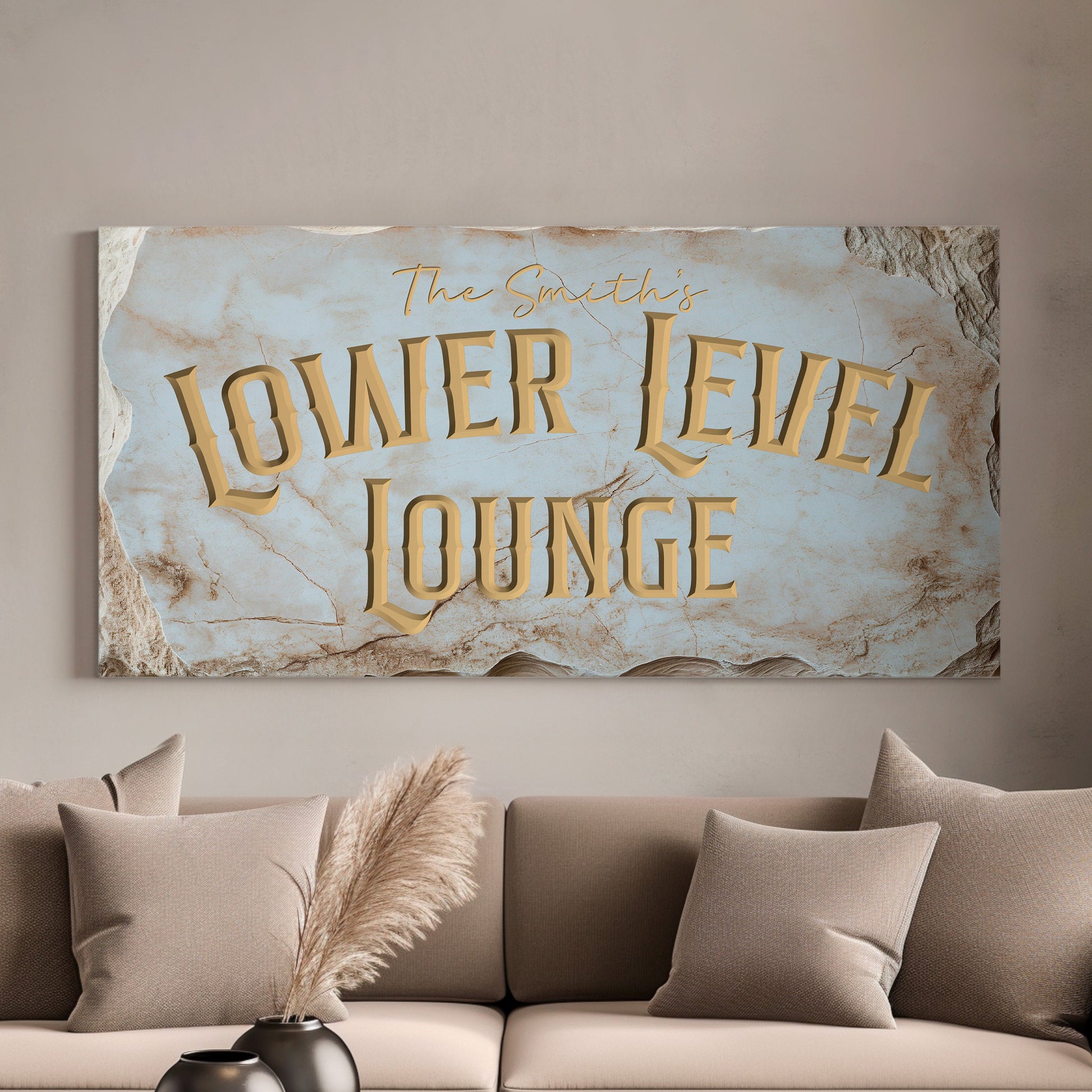Custom Whiskey Bar Sign - Personalized Man Cave Marble Texture Lower Level Lounge Decor with Custom Family Name - High Quality Canvas Print