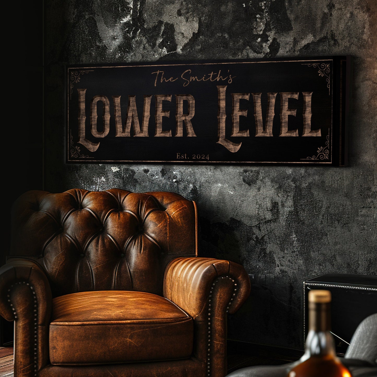 Custom Whiskey Bar Sign - Personalized Man Cave Canvas Art - Lower Level Rustic Decor with Custom Family Name - High Quality Canvas Print