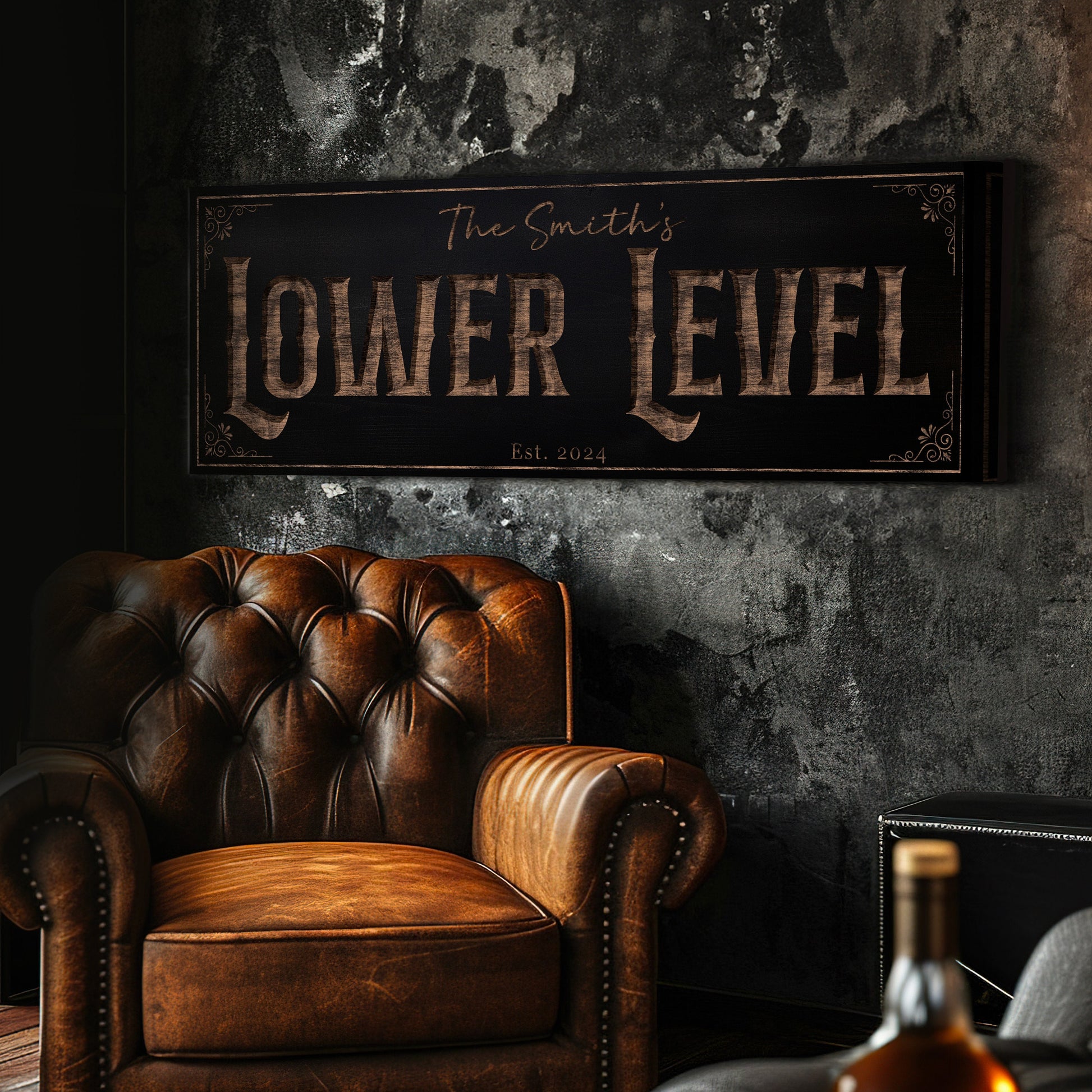 Custom Whiskey Bar Sign - Personalized Man Cave Canvas Art - Lower Level Rustic Decor with Custom Family Name - High Quality Canvas Print