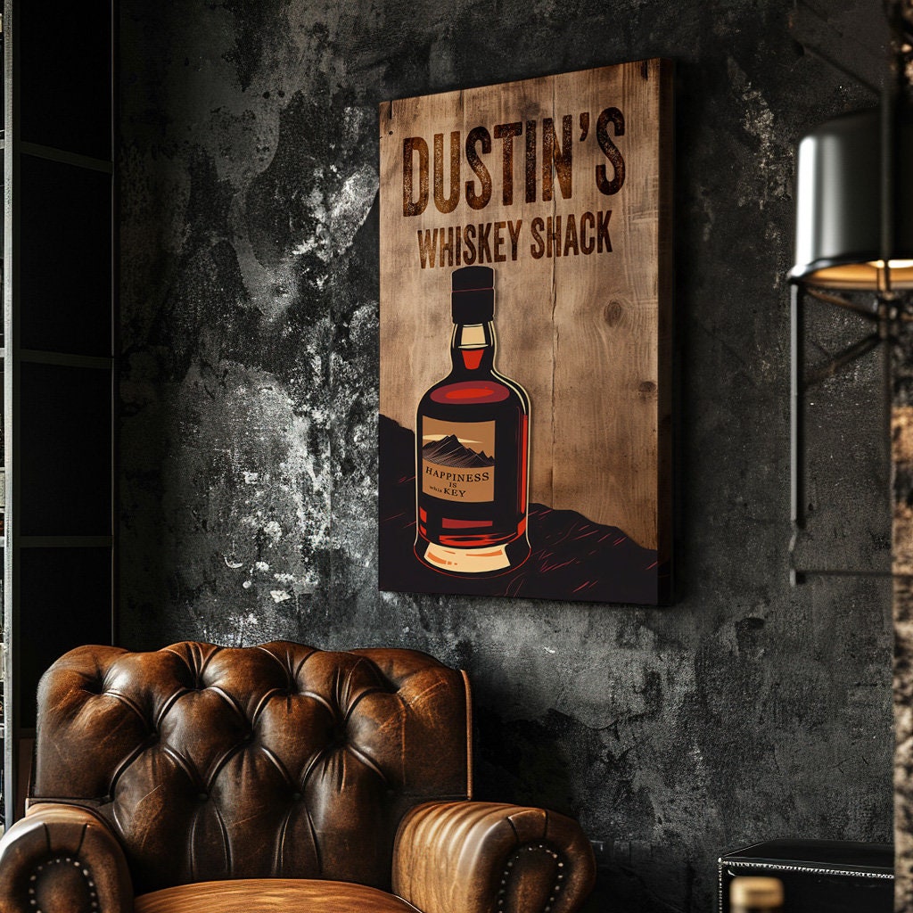 Custom Whiskey Bar Sign - Personalized Man Cave Canvas Art - Wood Print Decor with Custom Family Name - High Quality Canvas Print