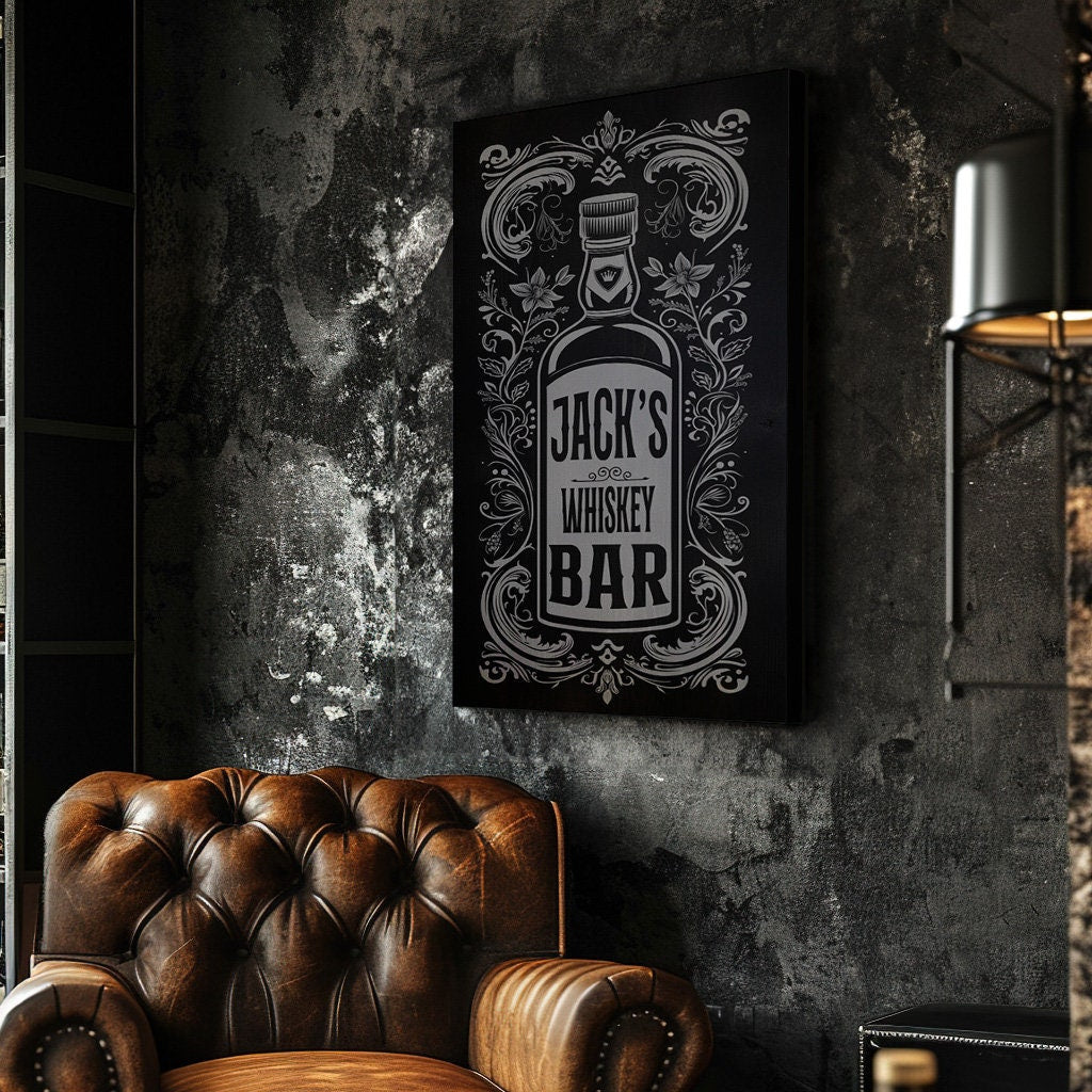 Custom Whiskey Bar Sign - Personalized Man Cave Canvas Art - Rustic Decor with Custom Family Name - Elegant Bar High Quality Canvas Print
