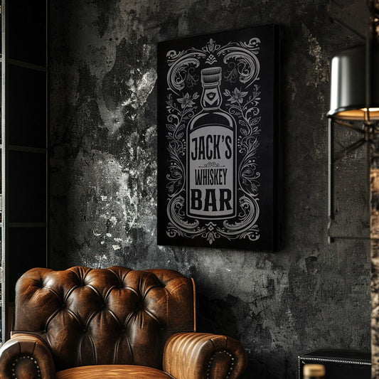 Custom Whiskey Bar Sign - Personalized Man Cave Canvas Art - Rustic Decor with Custom Family Name - Elegant Bar High Quality Canvas Print