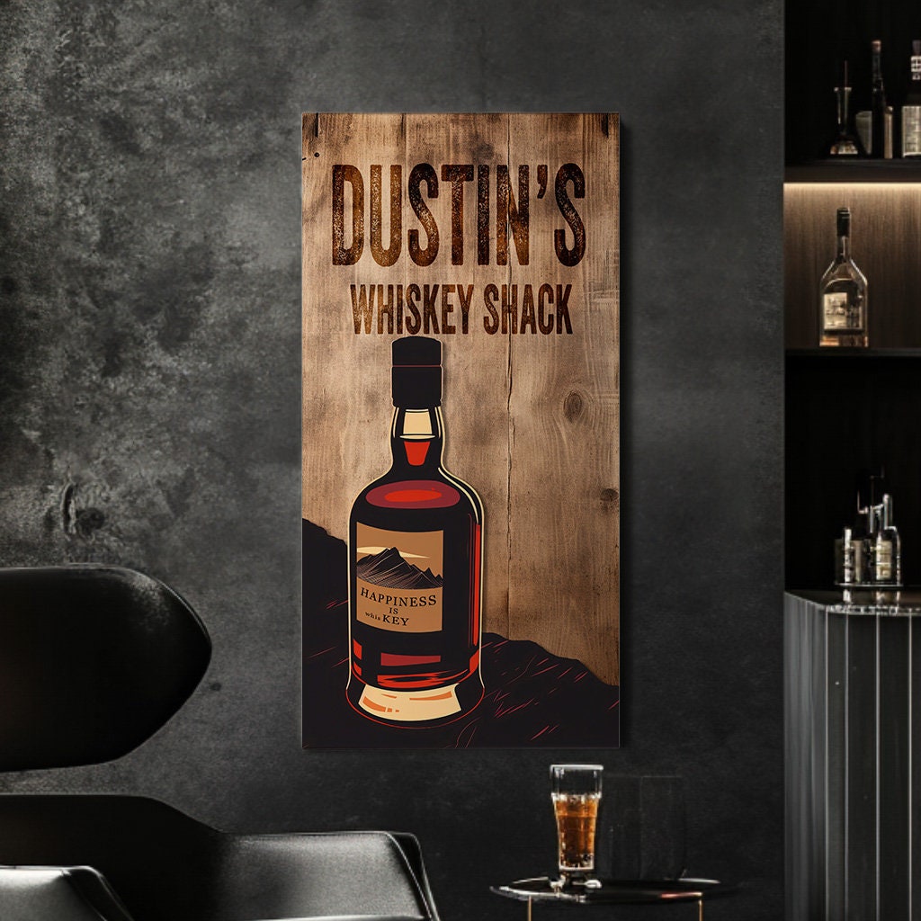 Custom Whiskey Bar Sign - Personalized Man Cave Canvas Art - Wood Print Decor with Custom Family Name - High Quality Canvas Print