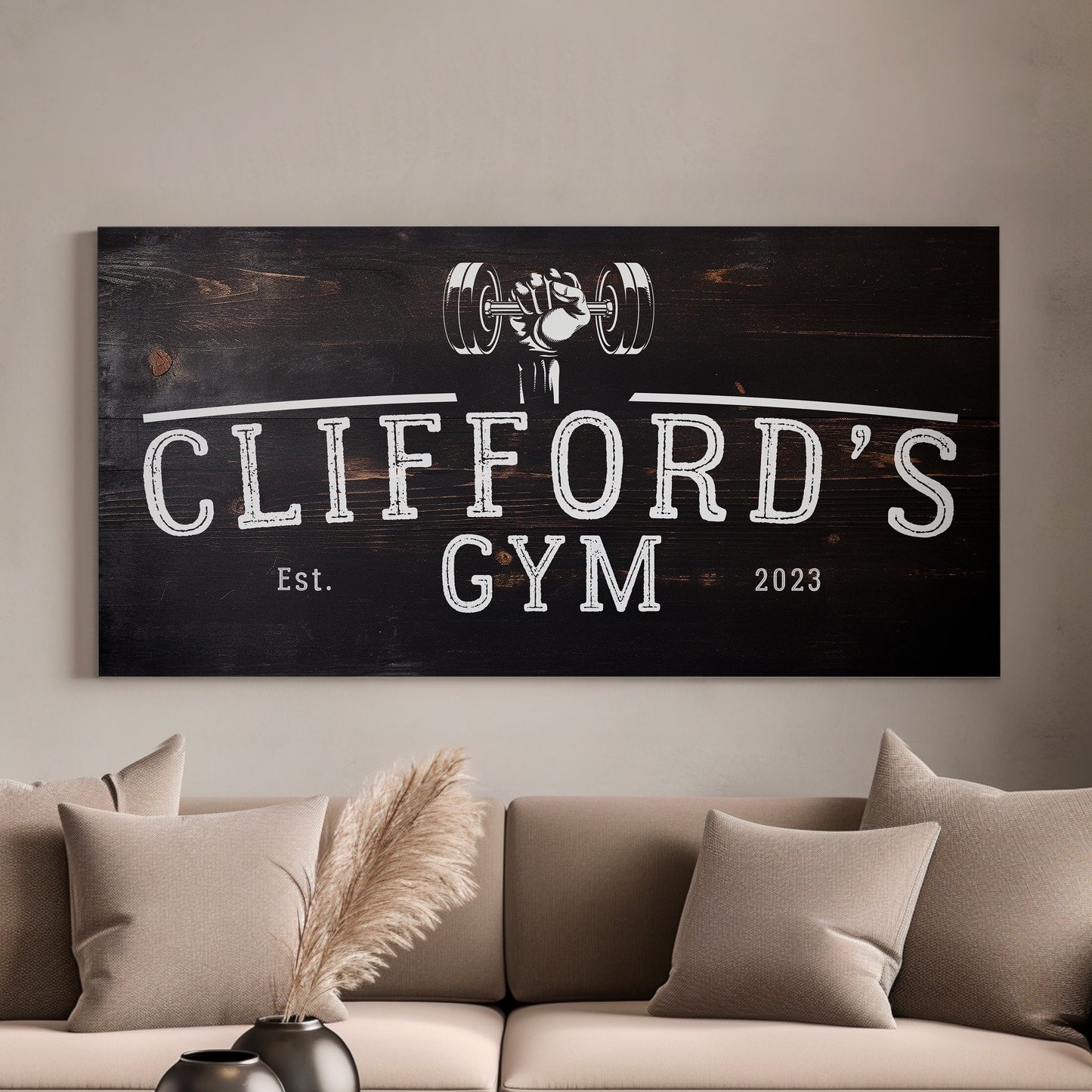 Custom Home Gym Sign, Man cave Sign Personalized Fitness Gifts, Dark Wood Theme Fitness Center Decor Gym Logo Art Huge Canvas Wall Art
