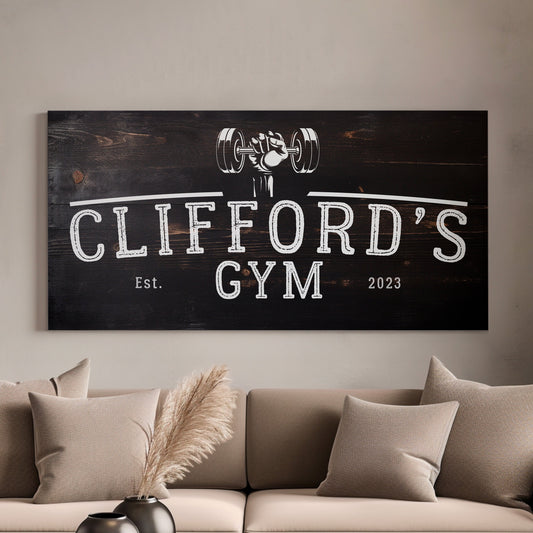 Custom Home Gym Sign, Man cave Sign Personalized Fitness Gifts, Dark Wood Theme Fitness Center Decor Gym Logo Art Huge Canvas Wall Art