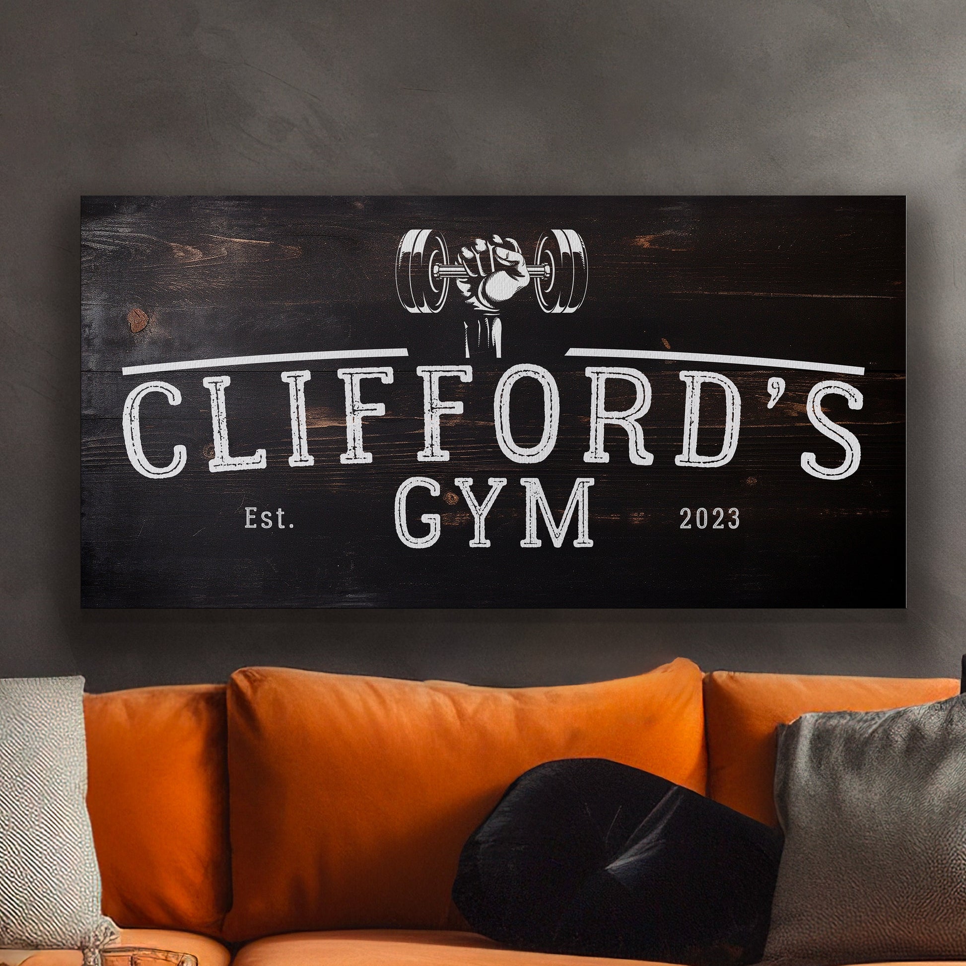 Custom Home Gym Sign, Man cave Sign Personalized Fitness Gifts, Dark Wood Theme Fitness Center Decor Gym Logo Art Huge Canvas Wall Art