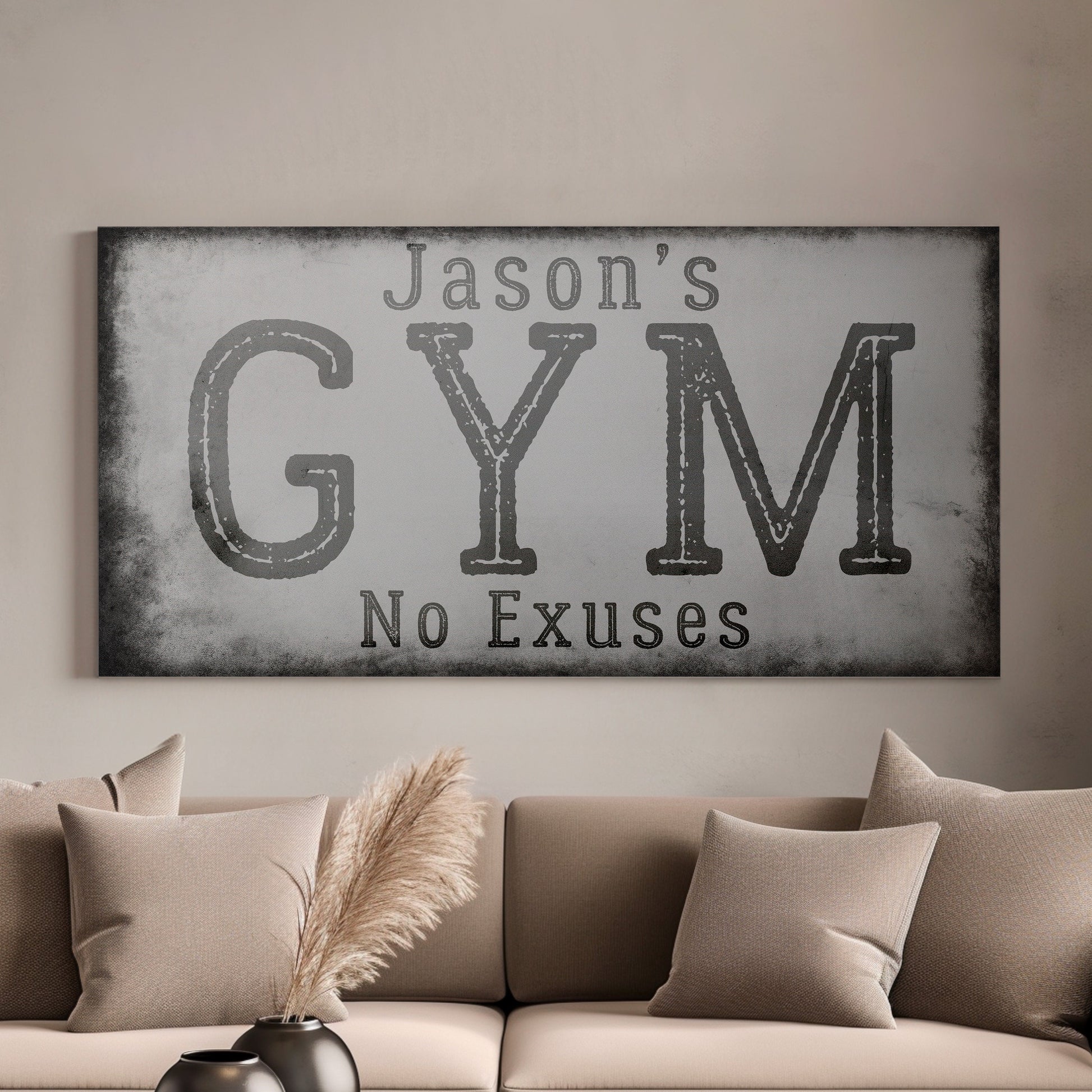 Custom Home Gym Sign, Man cave Sign Personalized Fitness Gifts, Rustic Concrete Fitness Center Decor Gym Logo Art Huge Canvas Wall Art