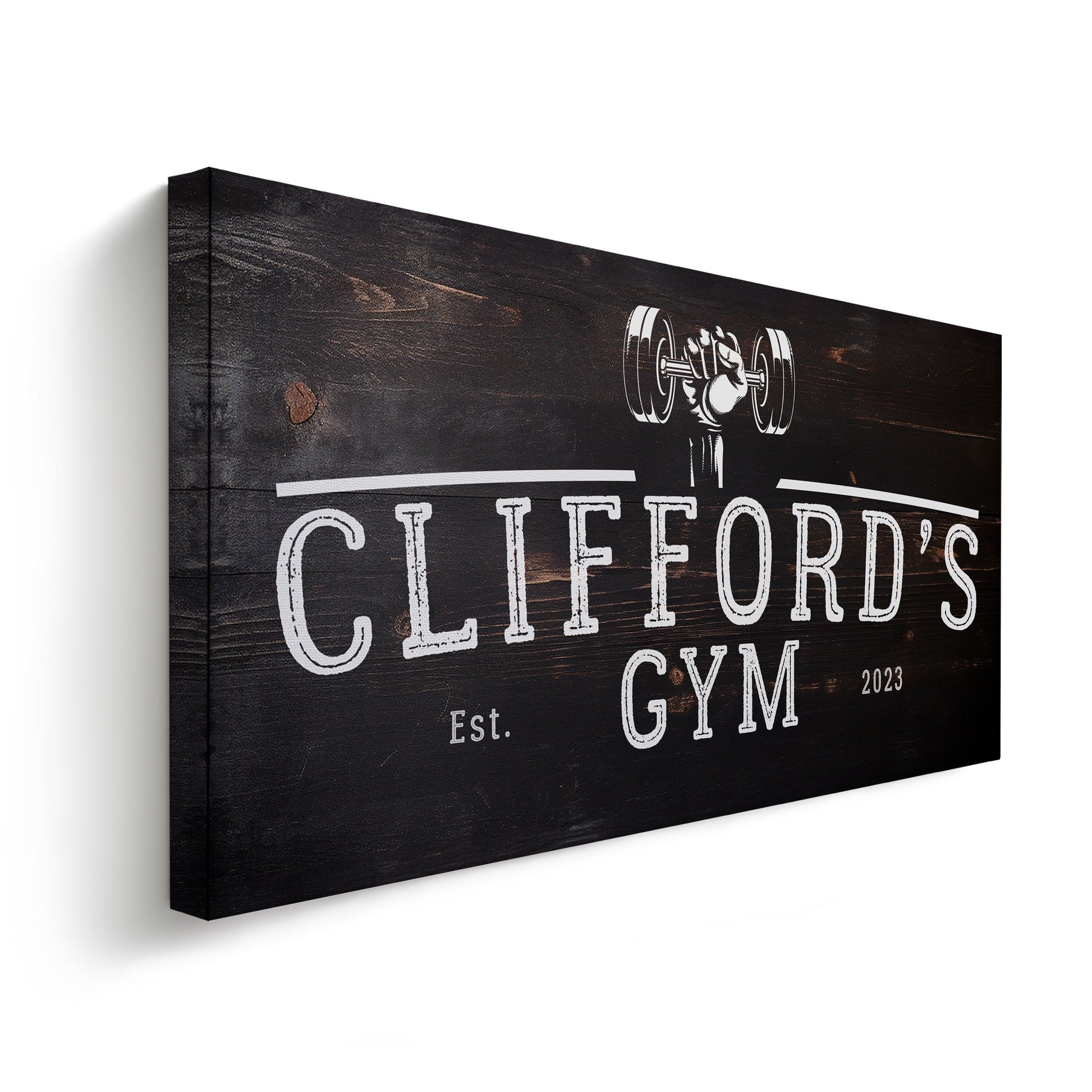Custom Home Gym Sign, Man cave Sign Personalized Fitness Gifts, Dark Wood Theme Fitness Center Decor Gym Logo Art Huge Canvas Wall Art