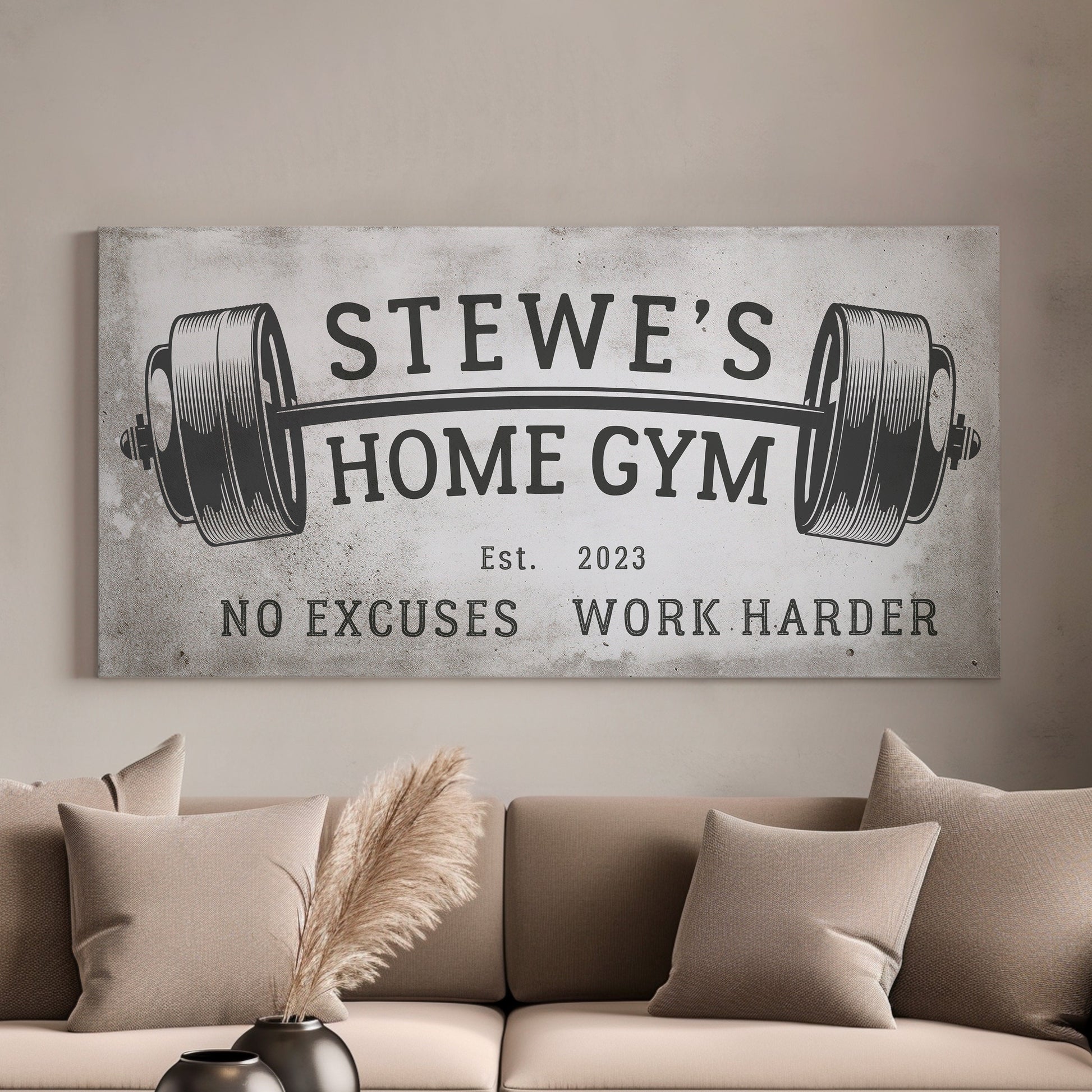 Custom Home Gym Sign, Man cave Sign Personalized Fitness Gifts, No Excuses Fitness Center Decor Gym Logo Art Huge Canvas Wall Art