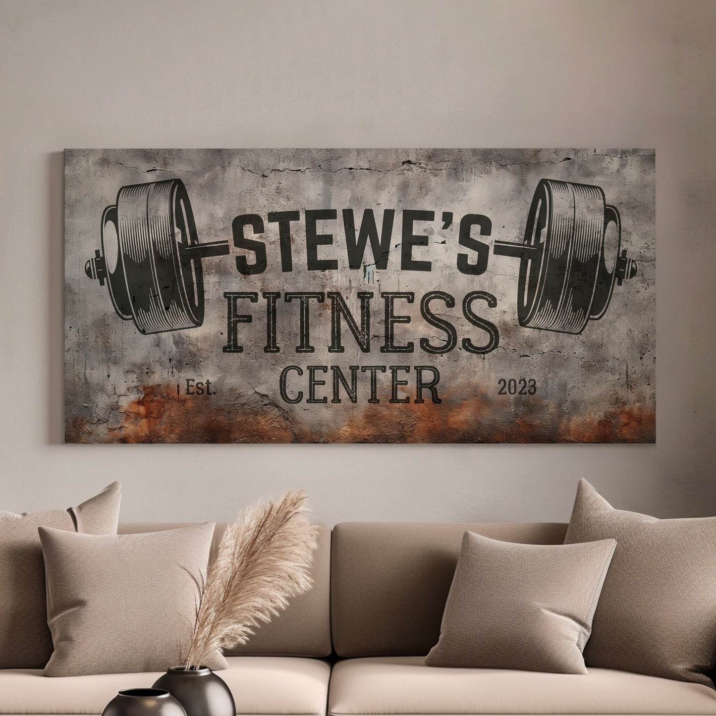Custom Home Gym Sign, Man cave Sign Personalized Fitness Gifts, Concrete Graphic Fitness Center Decor Gym Logo Art Huge Canvas Wall Art