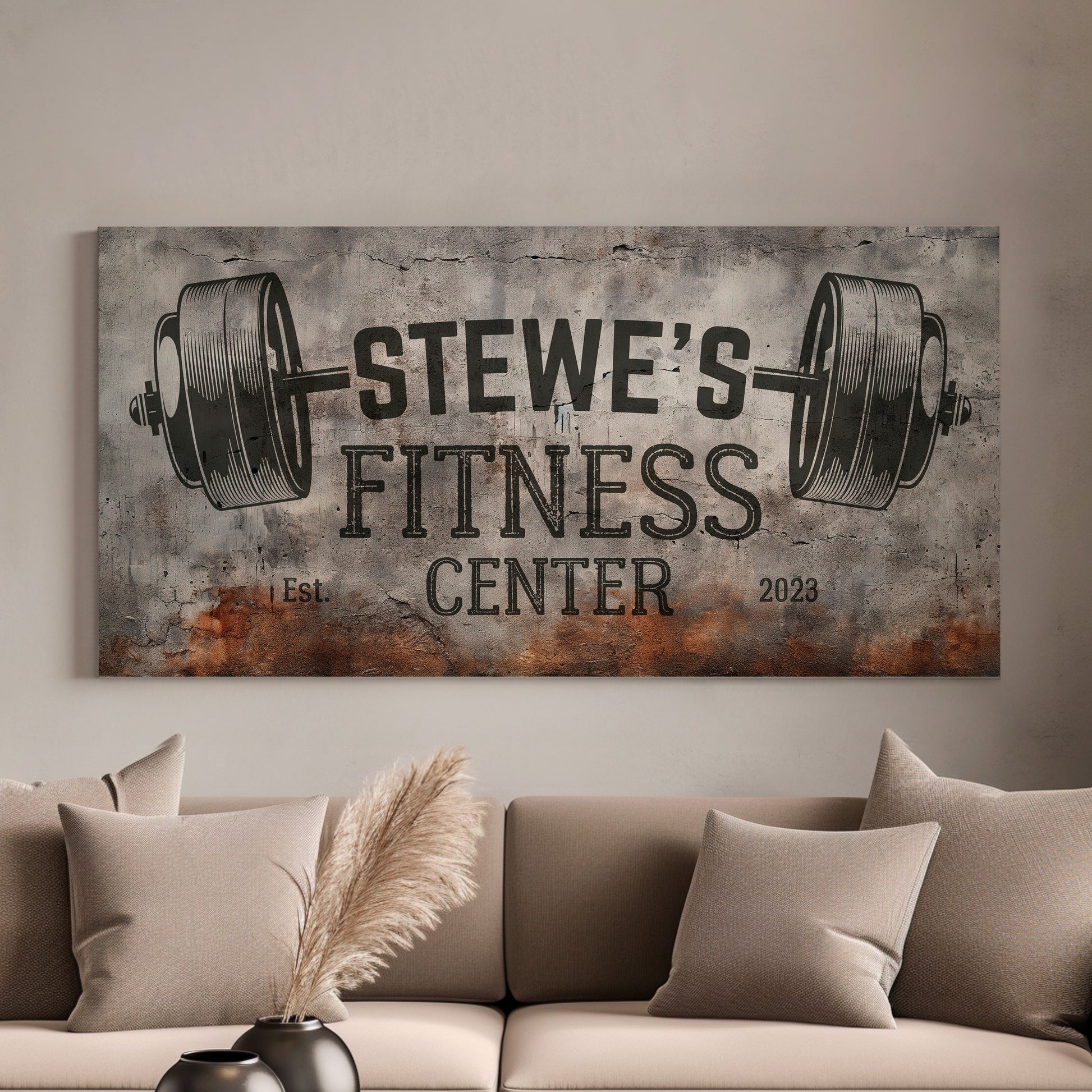 Custom Home Gym Sign, Man cave Sign Personalized Fitness Gifts, Concrete Graphic Fitness Center Decor Gym Logo Art Huge Canvas Wall Art