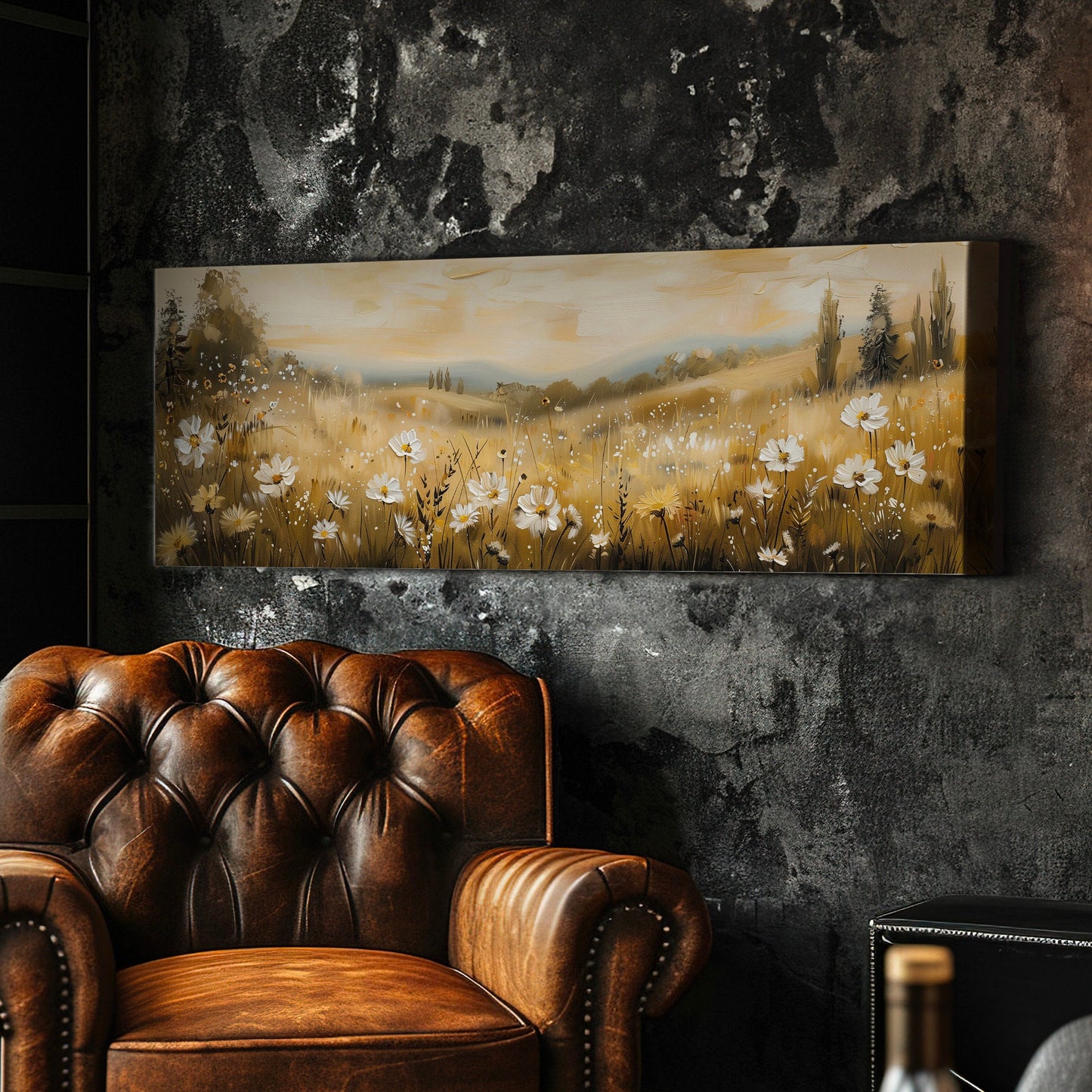 Wildflower Scene Long Horizontal Wall Art Above Bed, Panoramic Southwestern Canvas Print, Farmhouse Decor Canvas Art